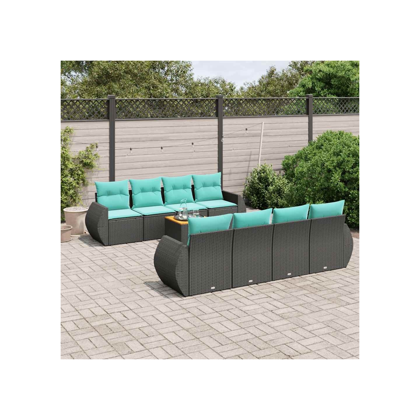 Ensemble de canapé de jardin 9 pcs avec coussins noir résine tressée