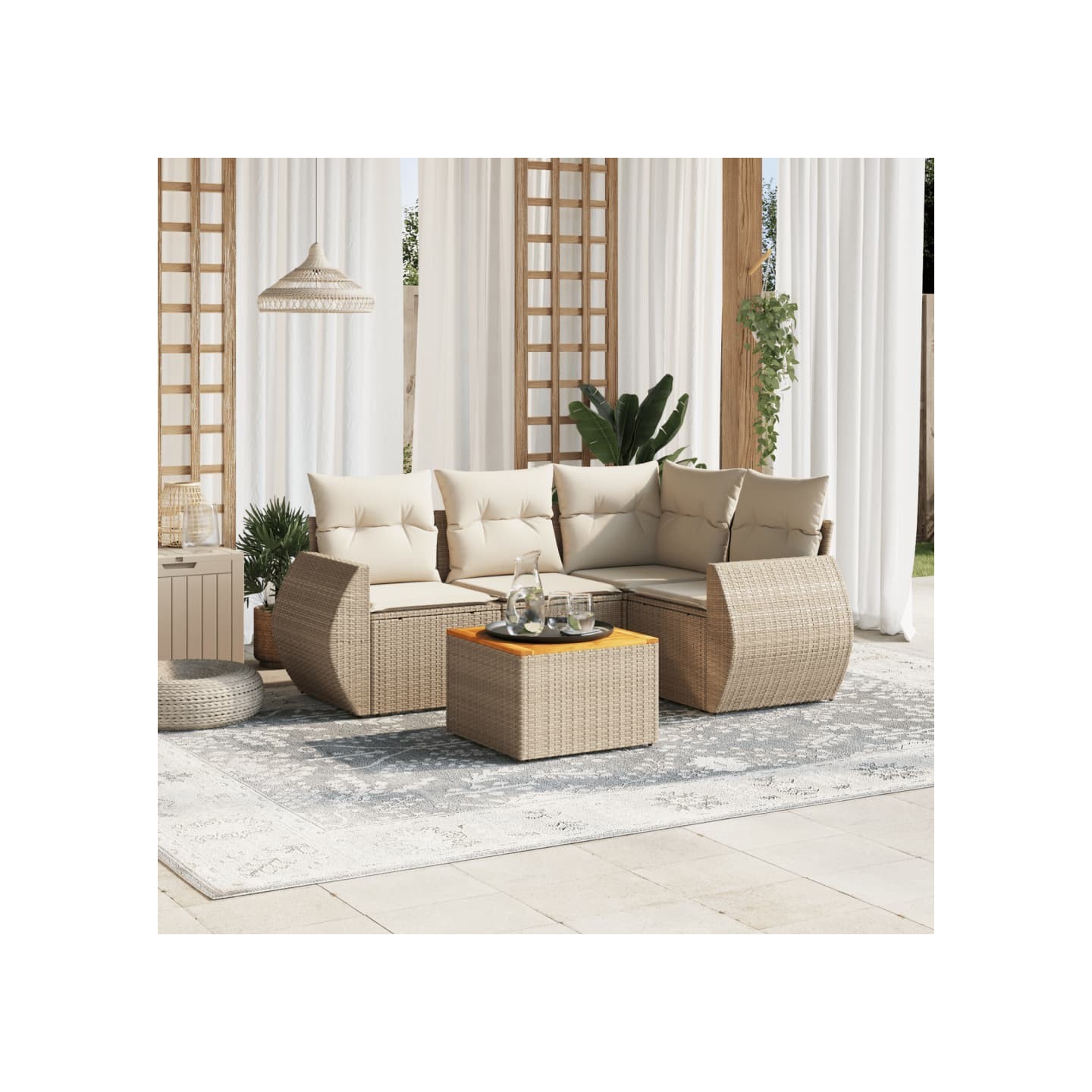 Salon de jardin avec coussins 5 pcs beige résine tressée