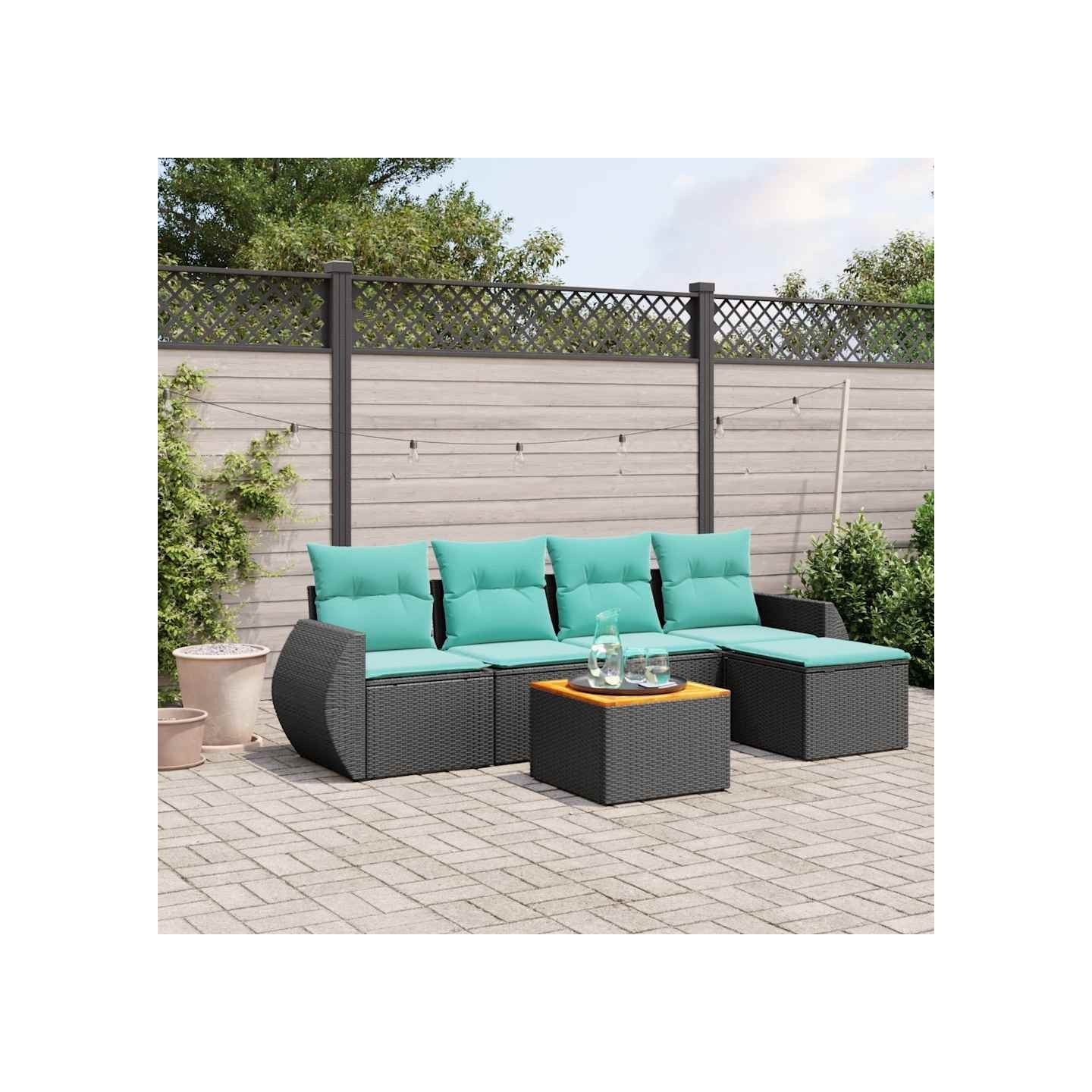 Ensemble de canapé de jardin 6 pcs avec coussins noir résine tressée
