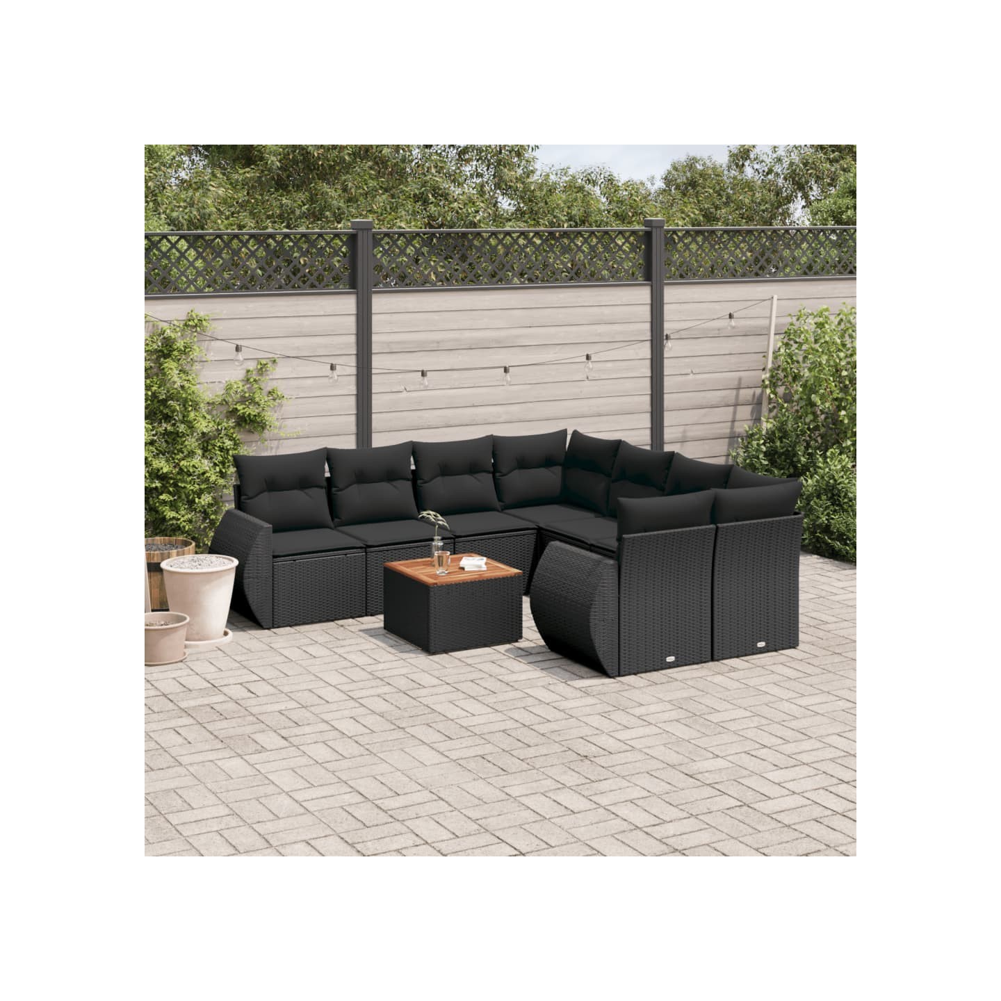 Salon de jardin 9 pcs avec coussins noir résine tressée