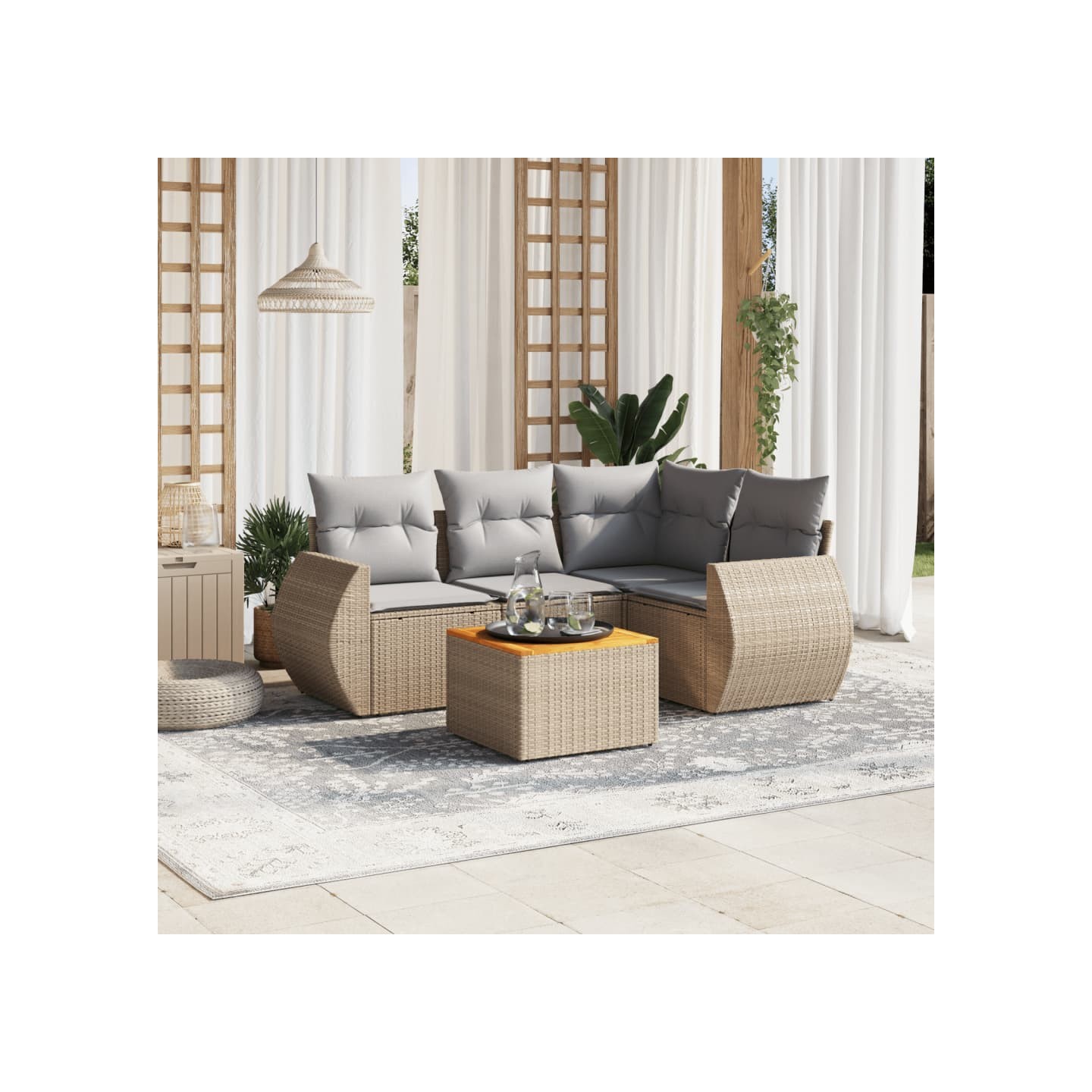 Salon de jardin avec coussins 5 pcs beige résine tressée