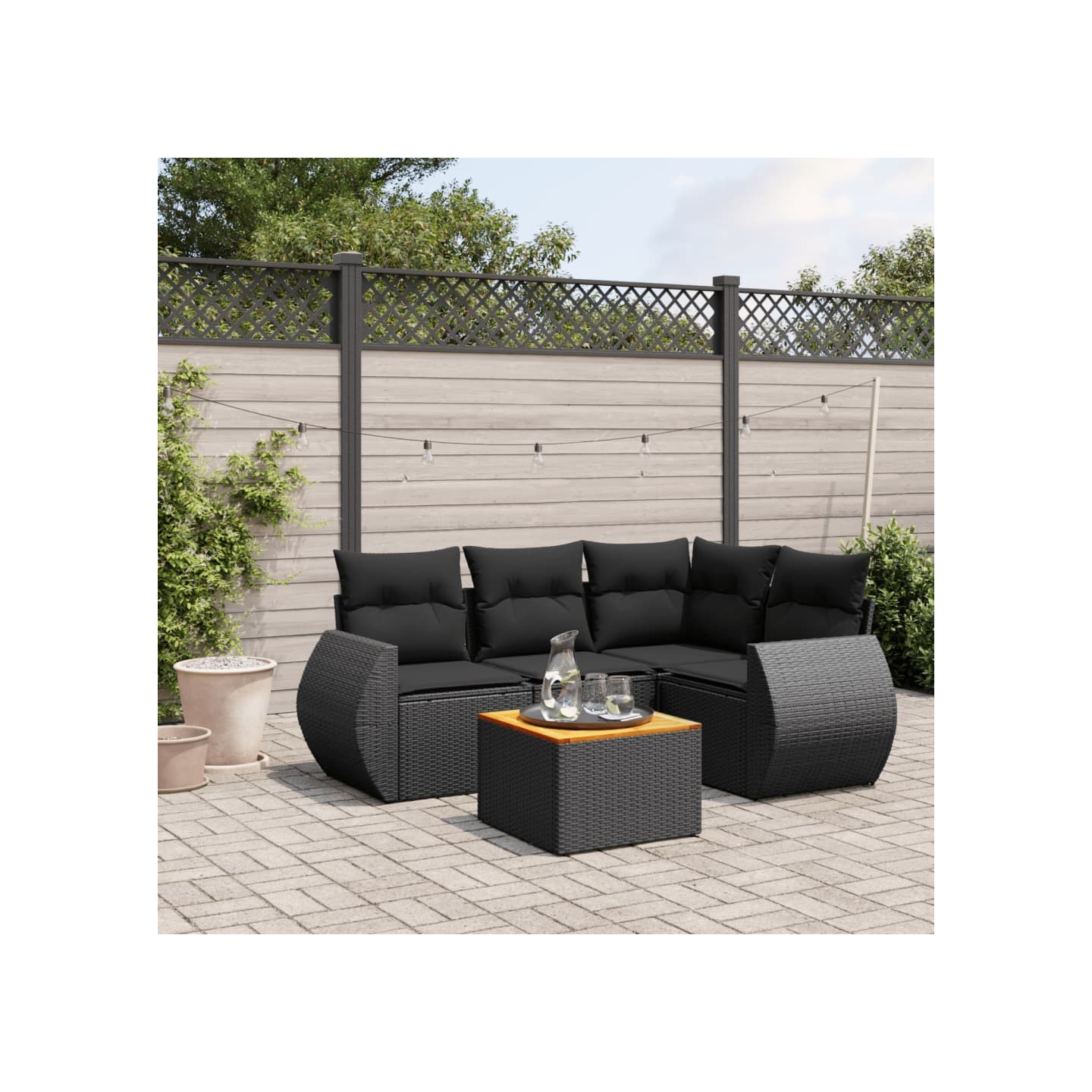 Salon de jardin 5 pcs avec coussins noir résine tressée