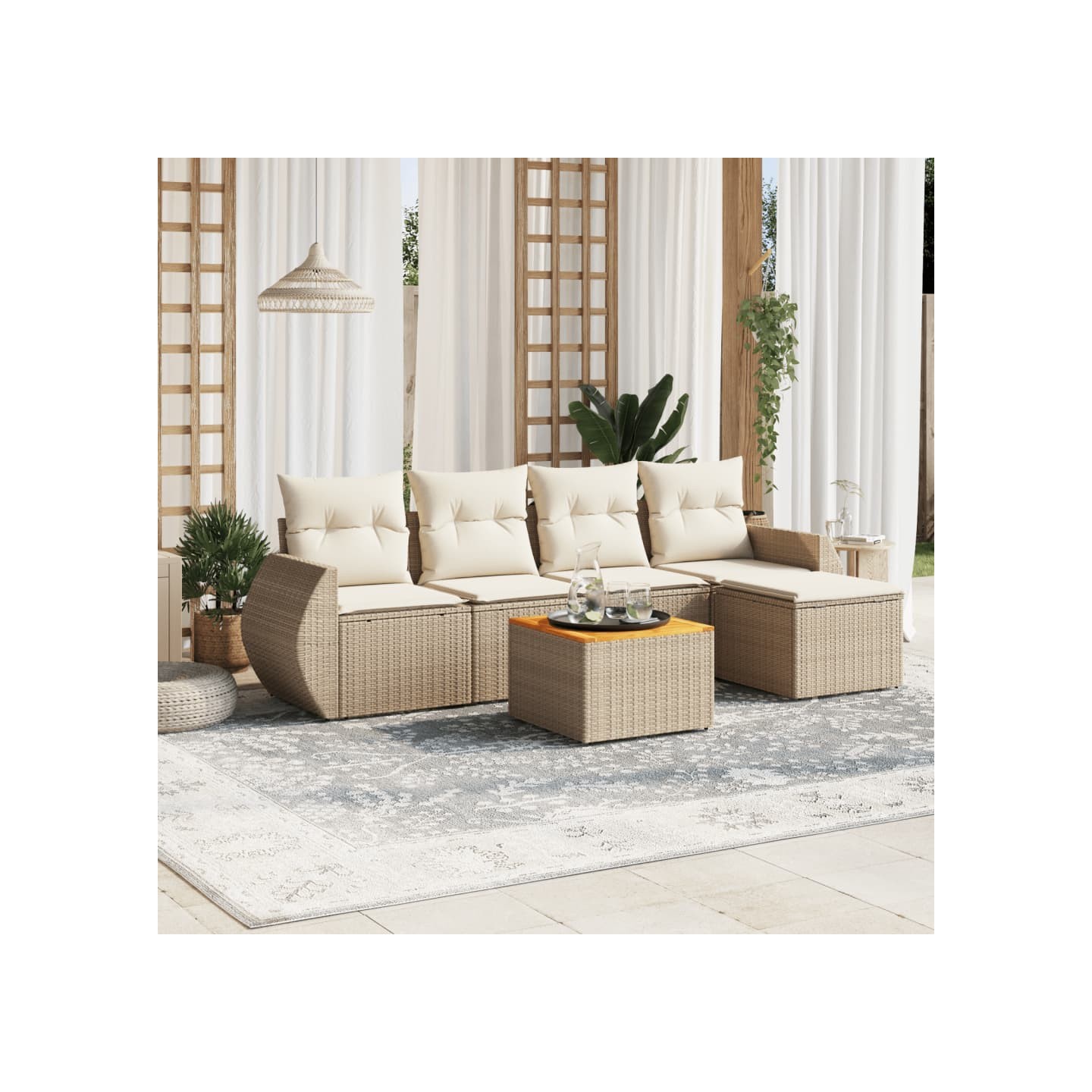 Salon de jardin avec coussins 6 pcs beige résine tressée
