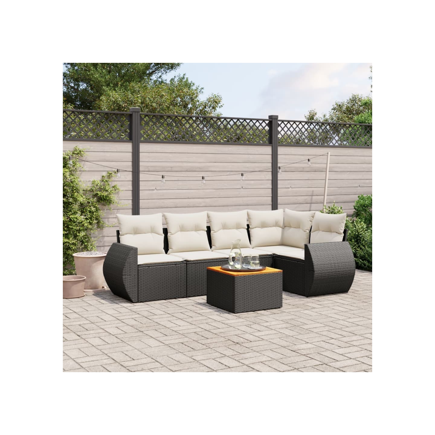 Salon de jardin 6 pcs avec coussins noir résine tressée