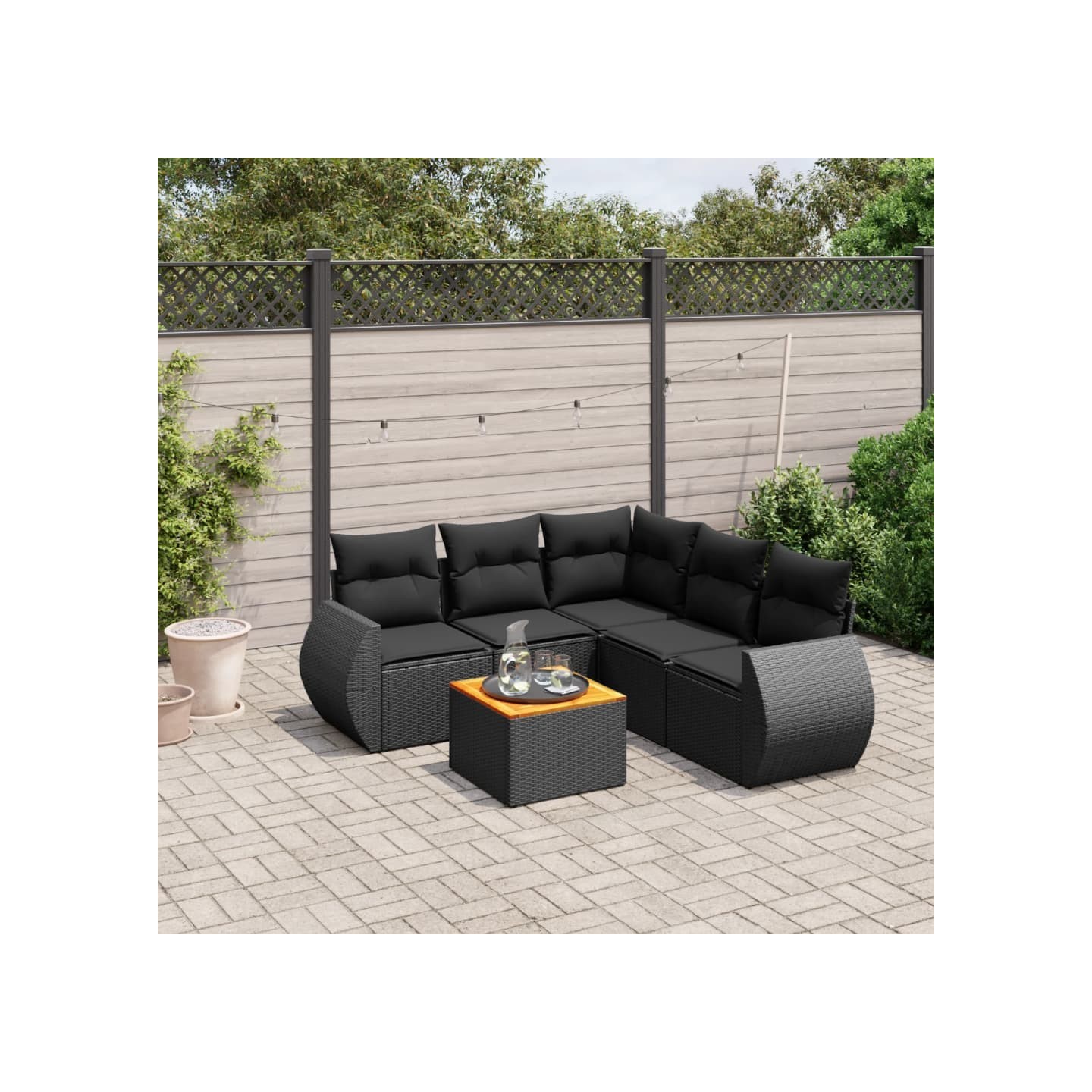 Salon de jardin 6 pcs avec coussins noir résine tressée