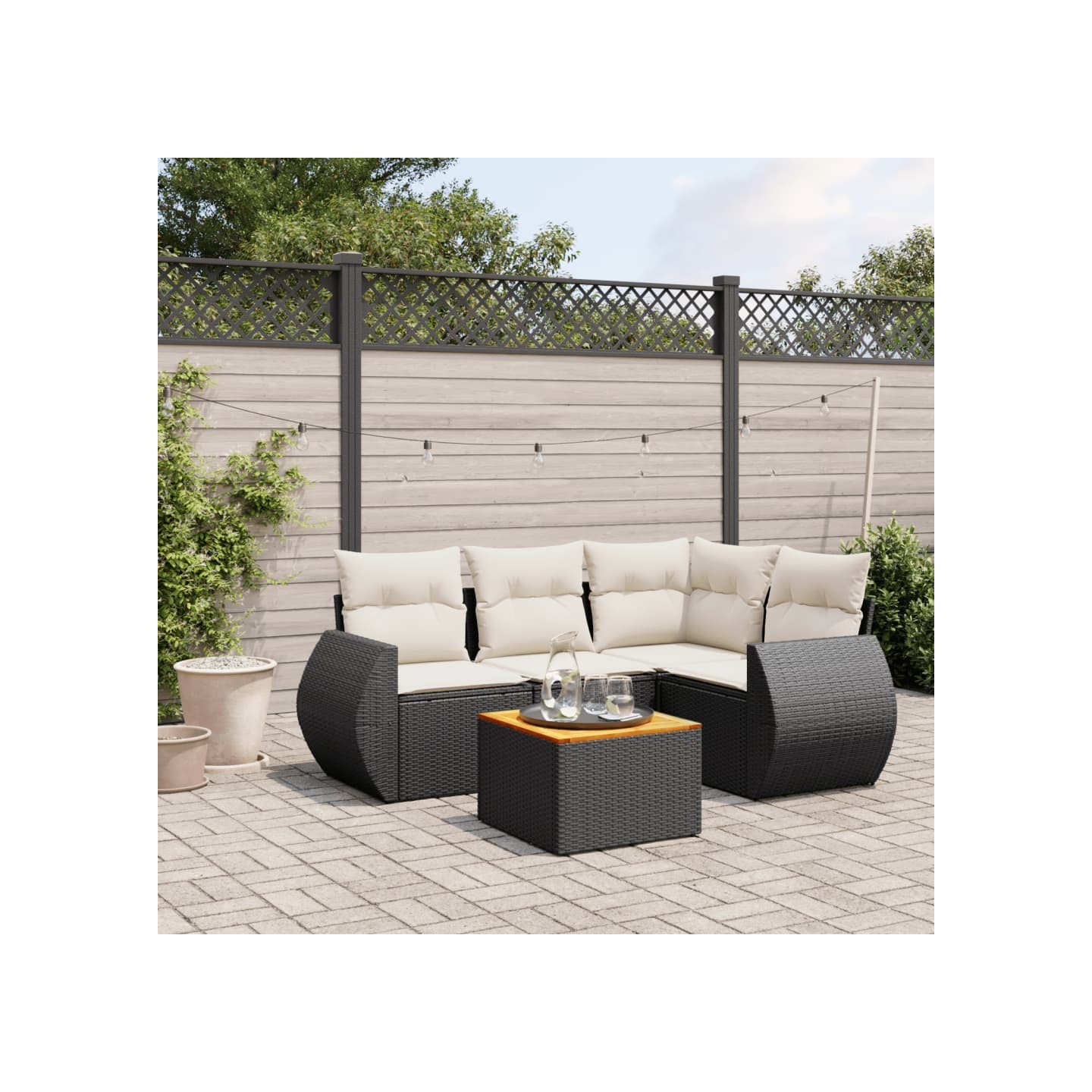 Salon de jardin 5 pcs avec coussins noir résine tressée