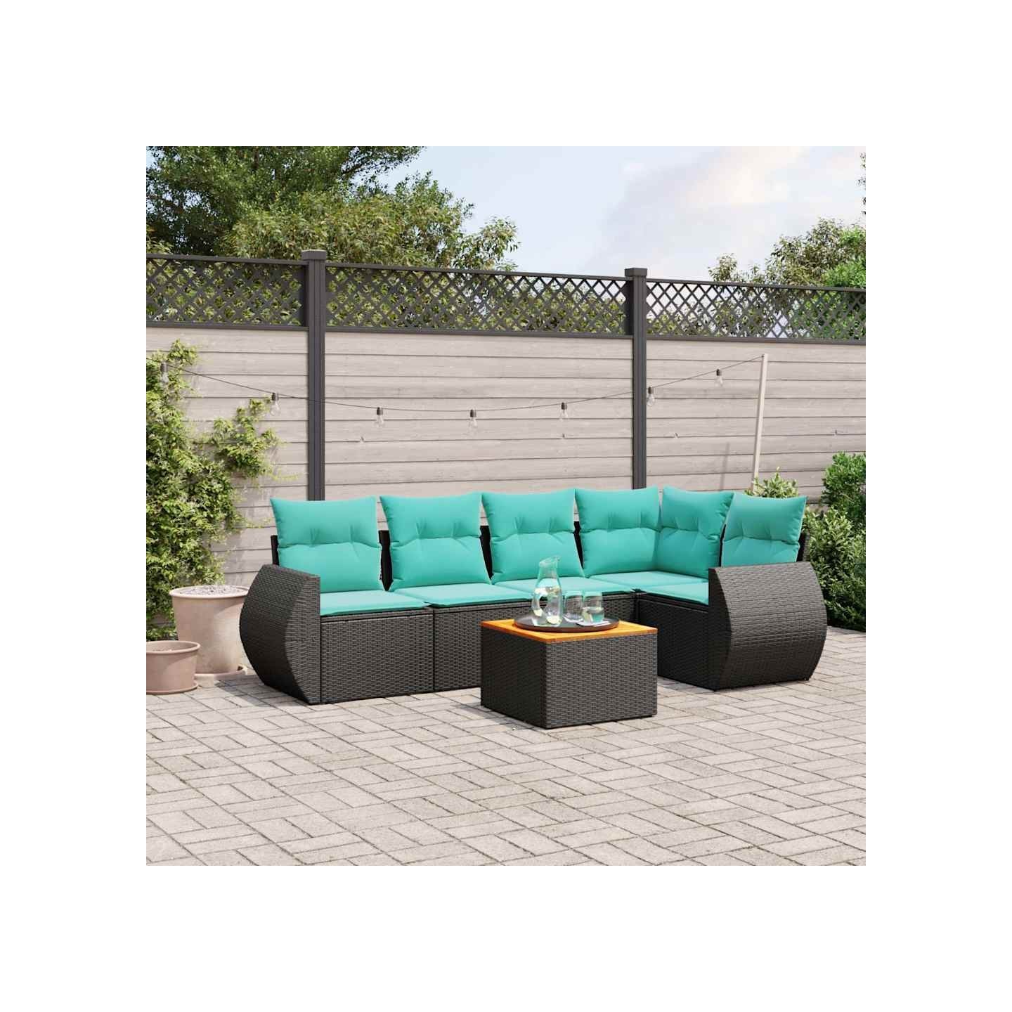 Ensemble de canapé de jardin 6 pcs avec coussins noir résine tressée