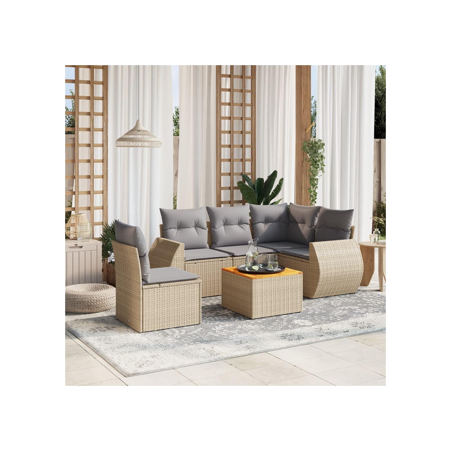 Salon de jardin avec coussins 6 pcs beige résine tressée