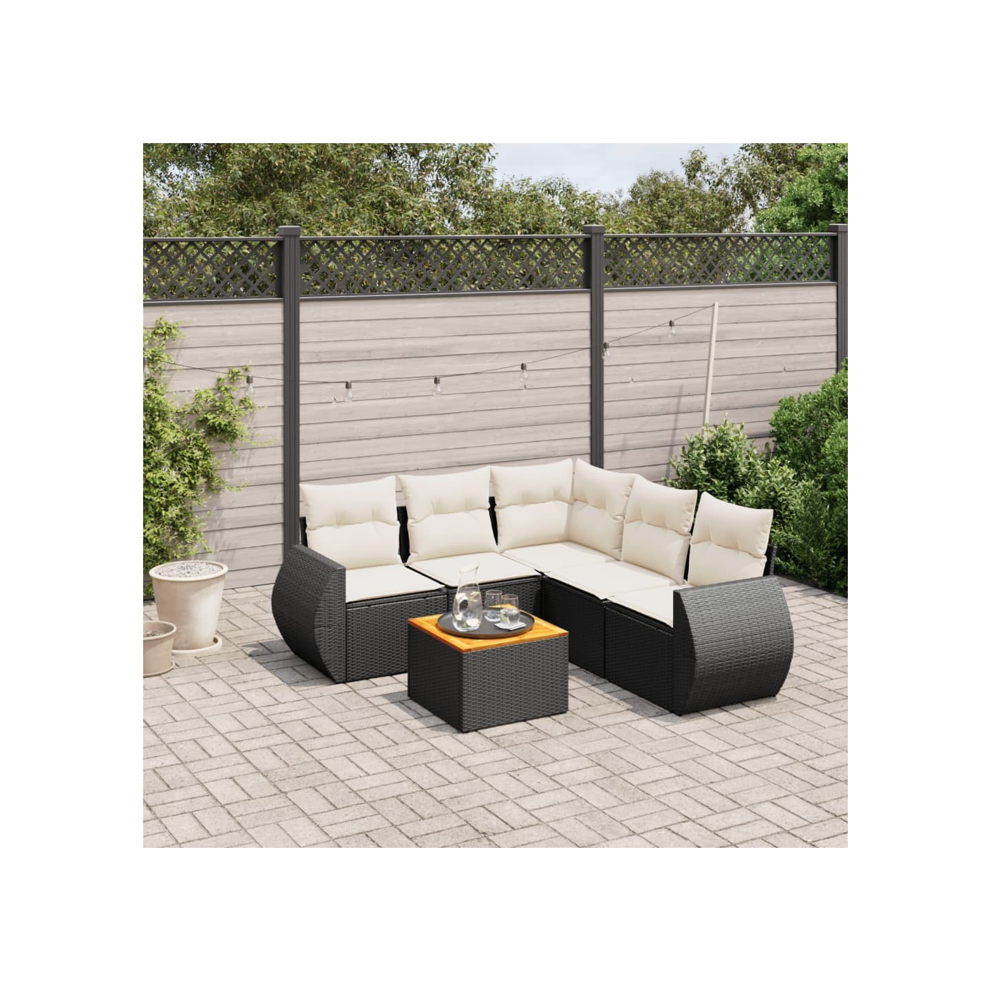Salon de jardin 6 pcs avec coussins noir résine tressée