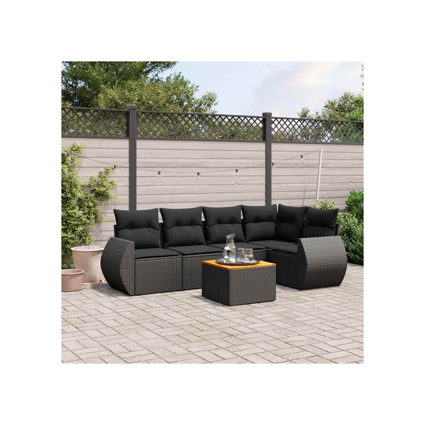 Salon de jardin 6 pcs avec coussins noir résine tressée