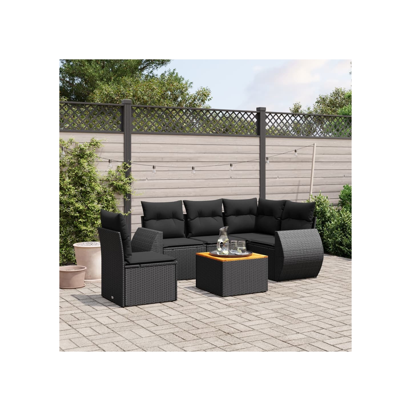 Salon de jardin 6 pcs avec coussins noir résine tressée