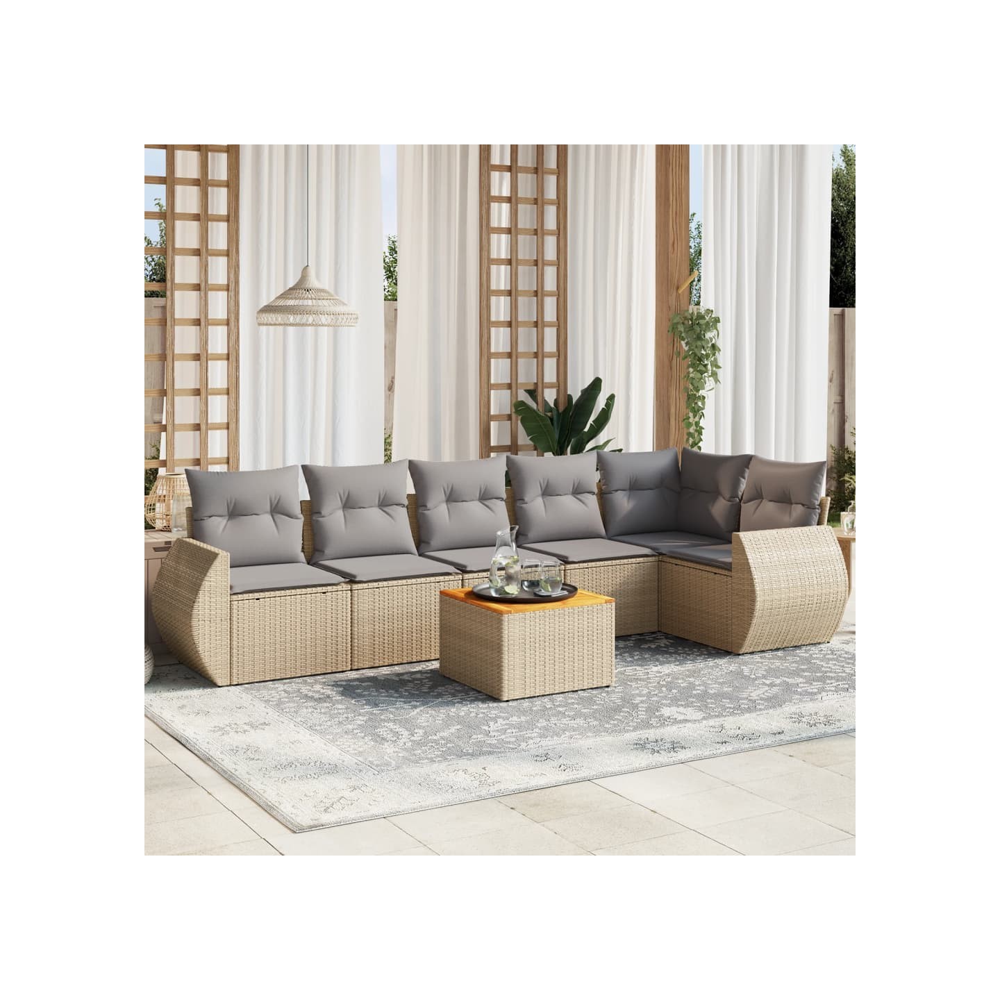 Salon de jardin avec coussins 7 pcs beige résine tressée