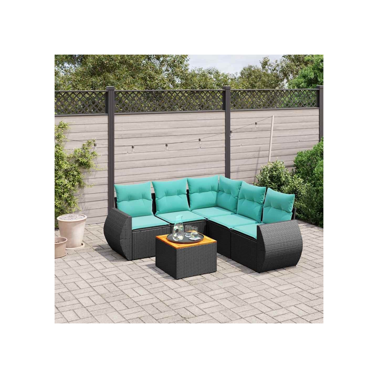 Ensemble de canapé de jardin 6 pcs avec coussins noir résine tressée