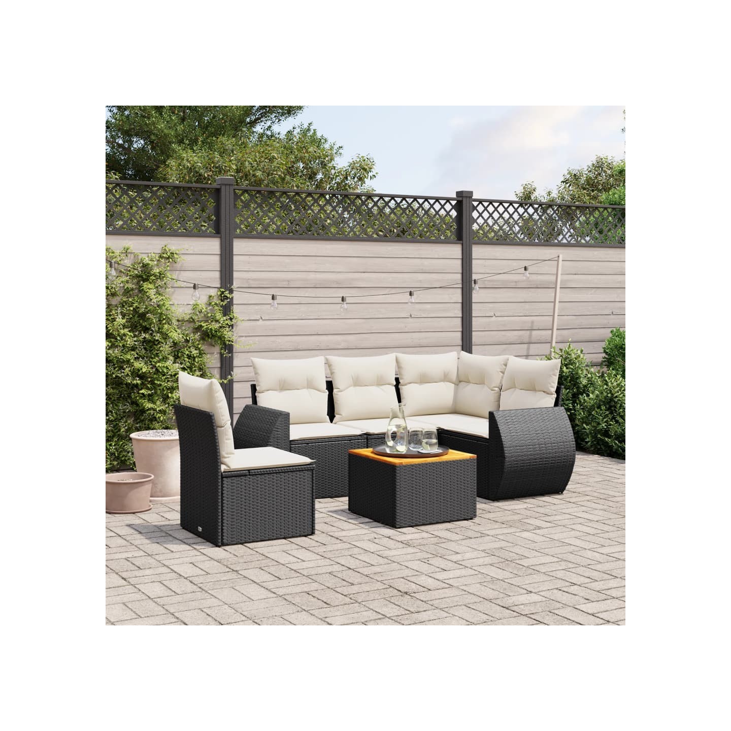 Salon de jardin 6 pcs avec coussins noir résine tressée