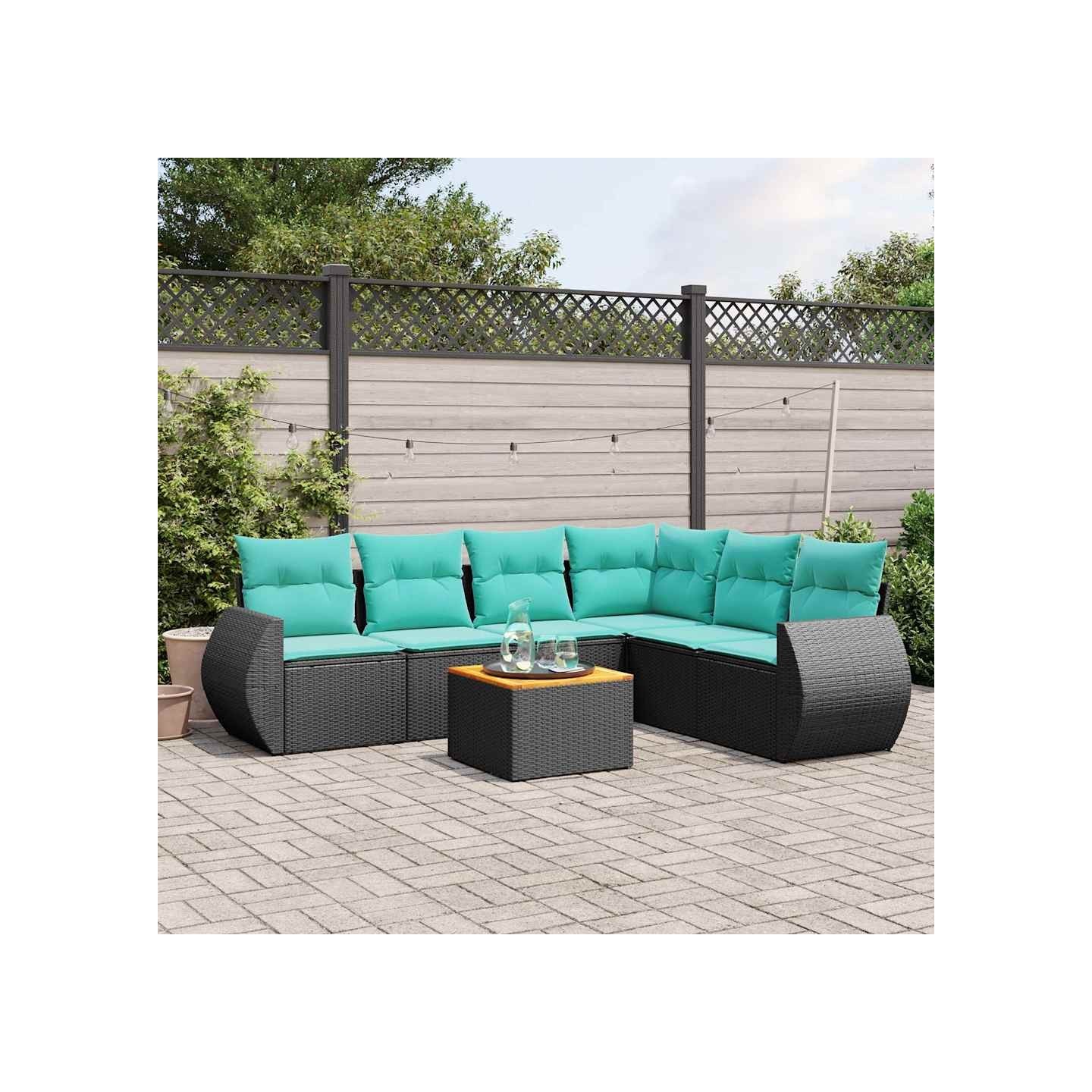 Ensemble de canapé de jardin 7 pcs avec coussins noir résine tressée