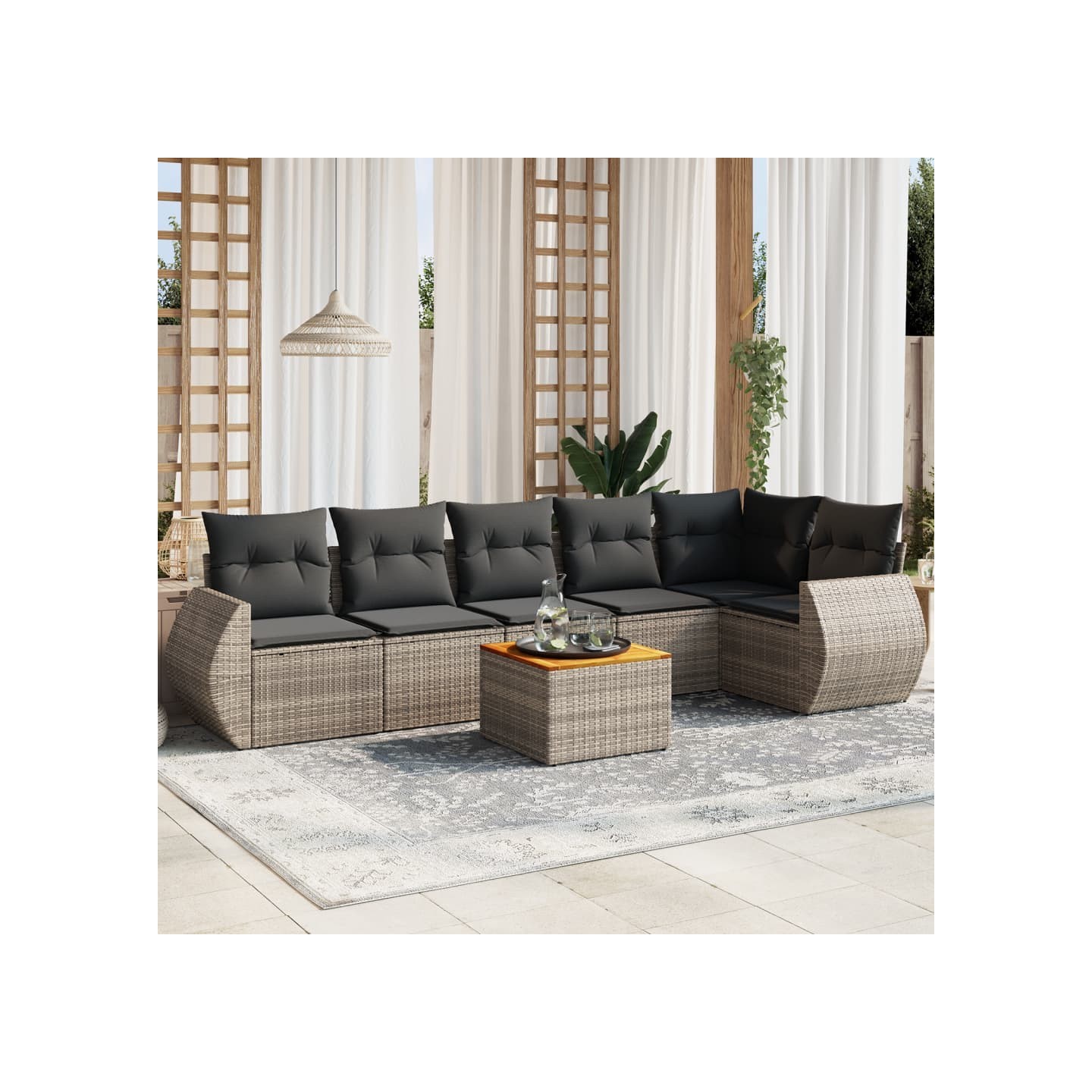 Salon de jardin avec coussins 7 pcs gris résine tressée