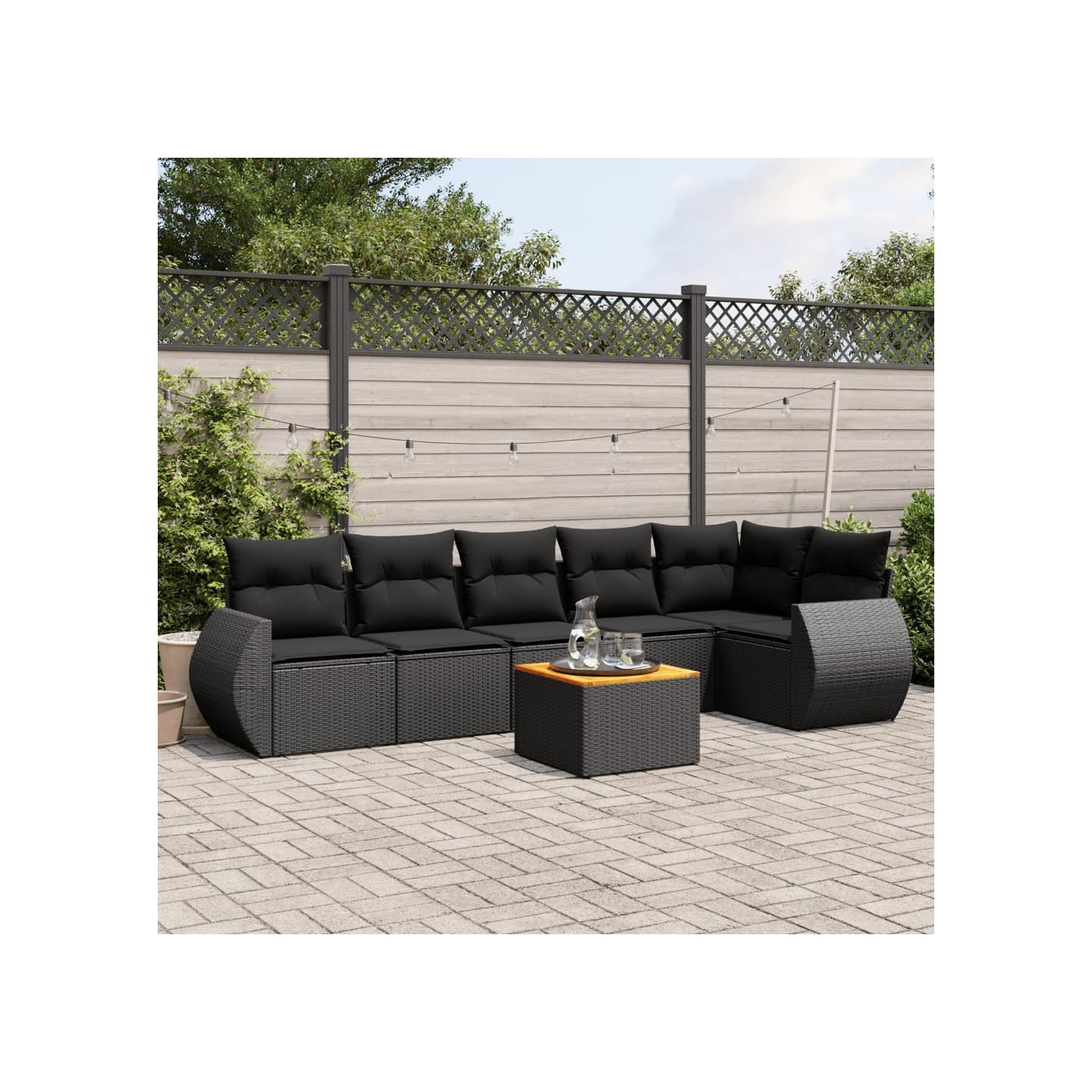 Salon de jardin 7 pcs avec coussins noir résine tressée