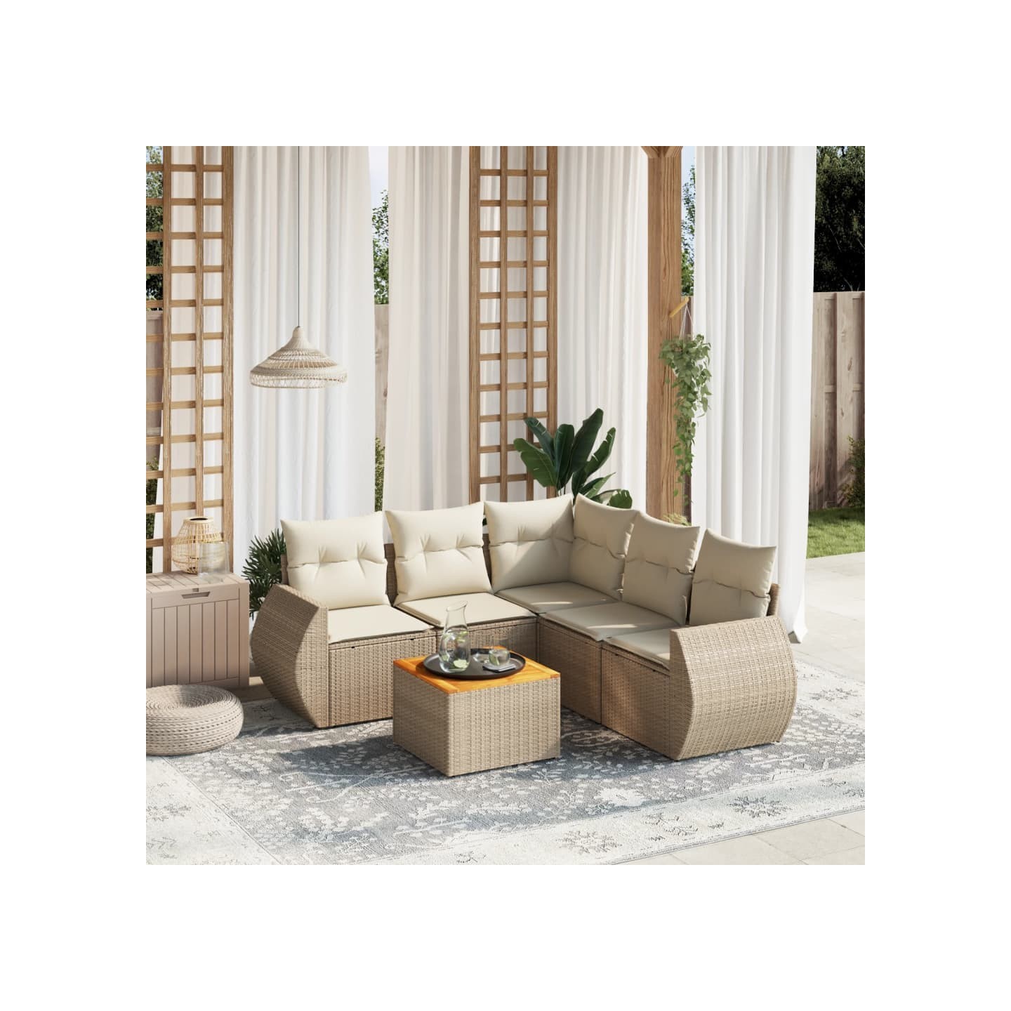 Salon de jardin avec coussins 6 pcs beige résine tressée