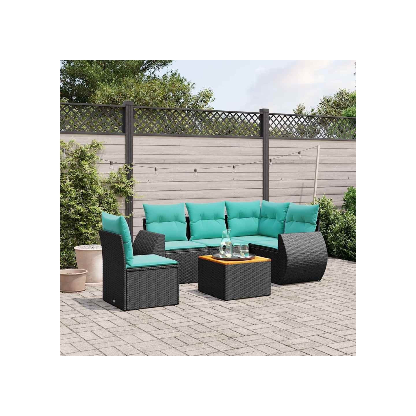 Ensemble de canapé de jardin 6 pcs avec coussins noir résine tressée