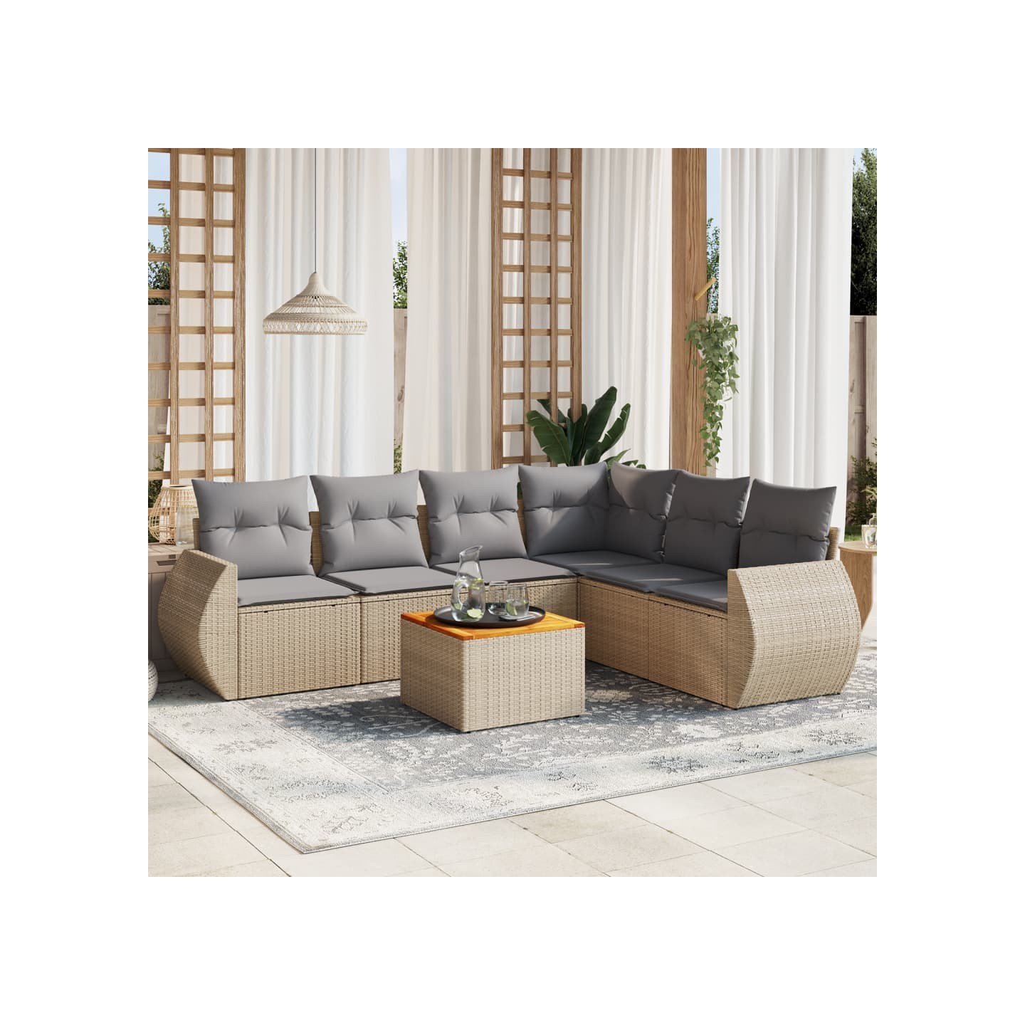 Salon de jardin avec coussins 7 pcs beige résine tressée