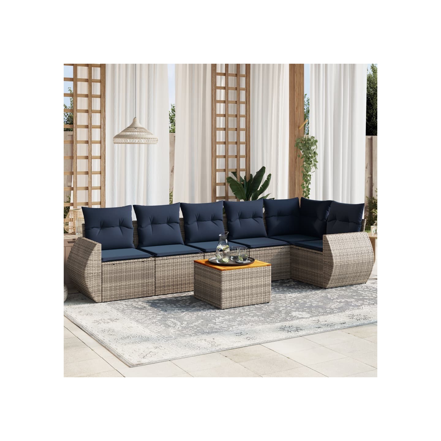 Ensemble de canapé de jardin 7 pcs avec coussins gris résine tressée
