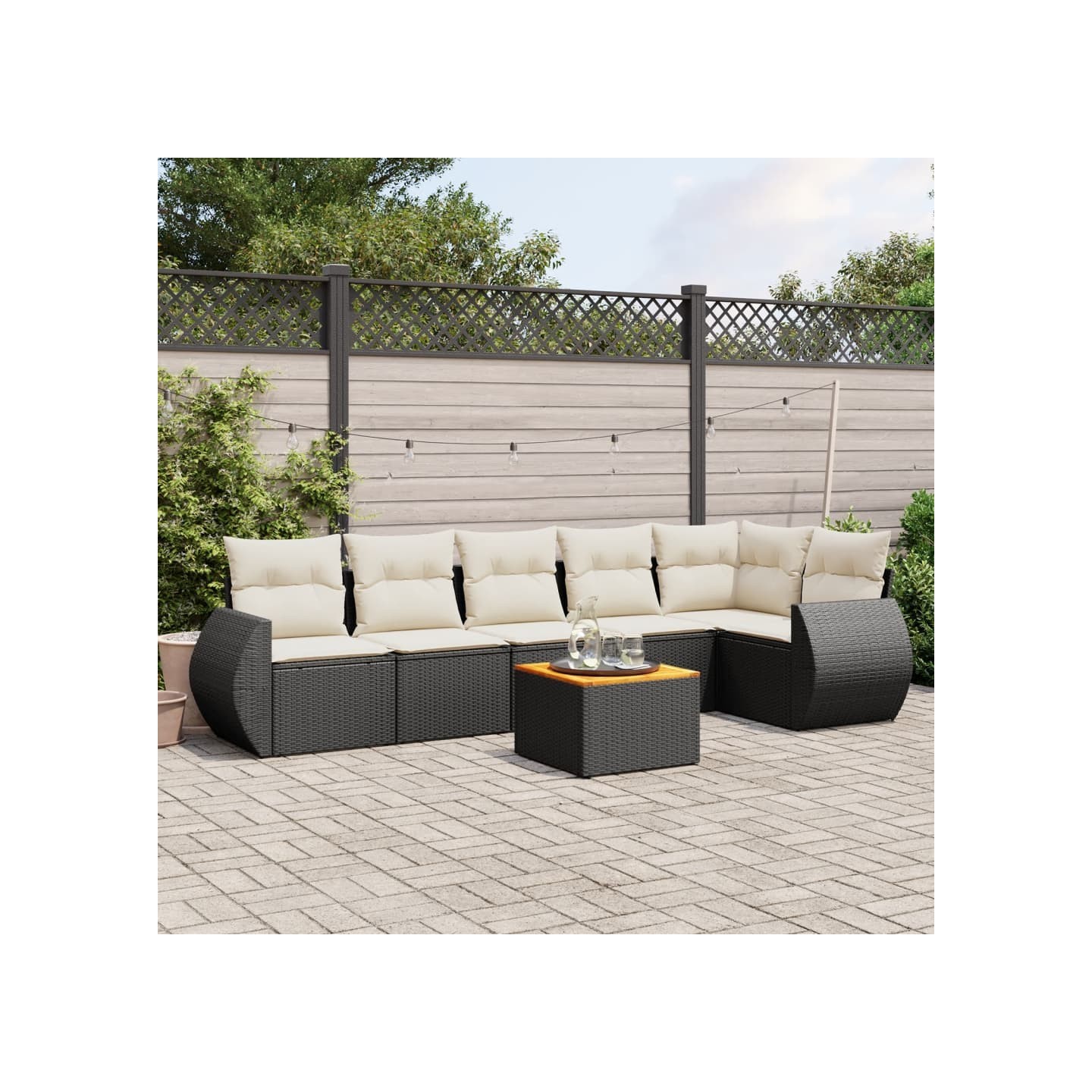 Salon de jardin 7 pcs avec coussins noir résine tressée
