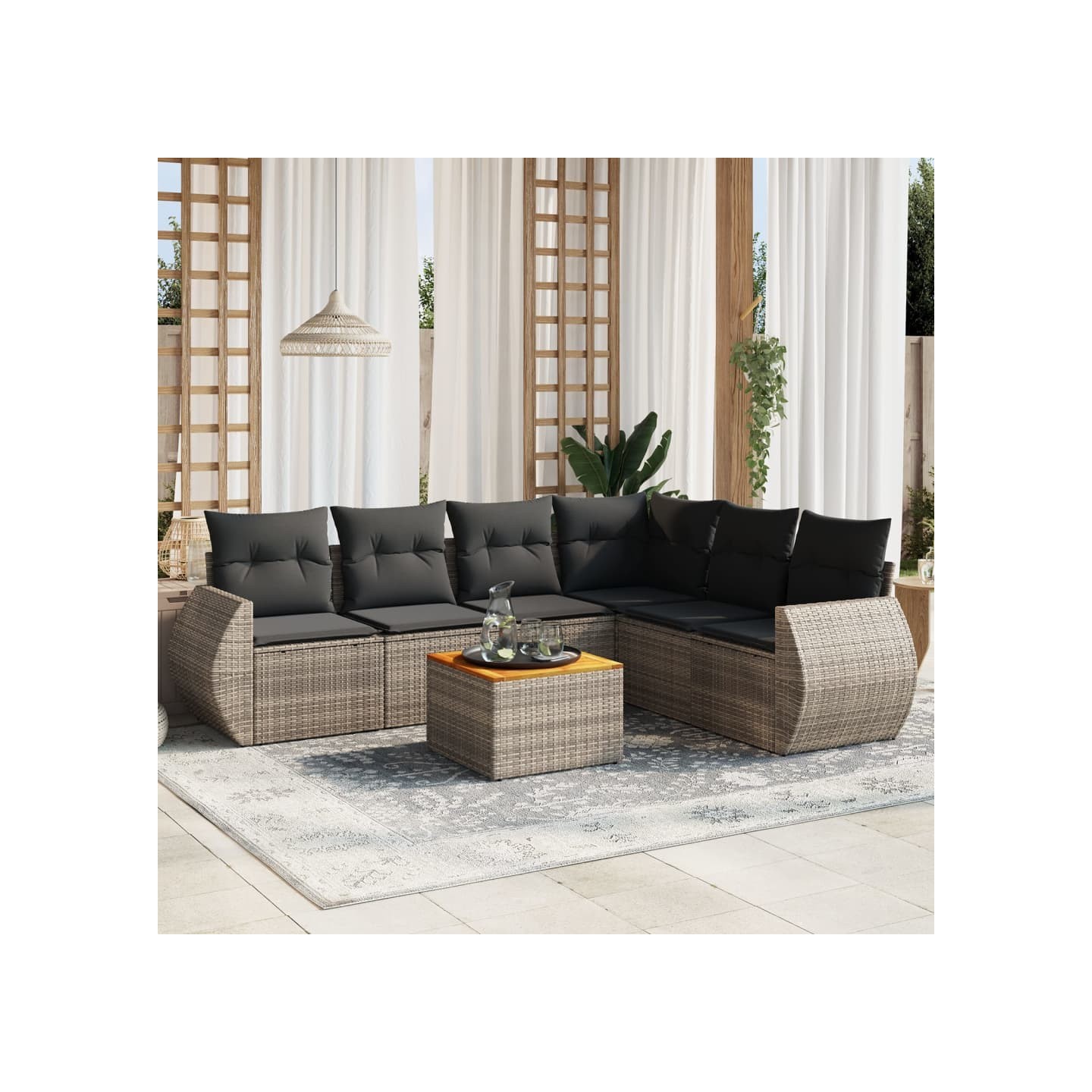 Salon de jardin avec coussins 7 pcs gris résine tressée