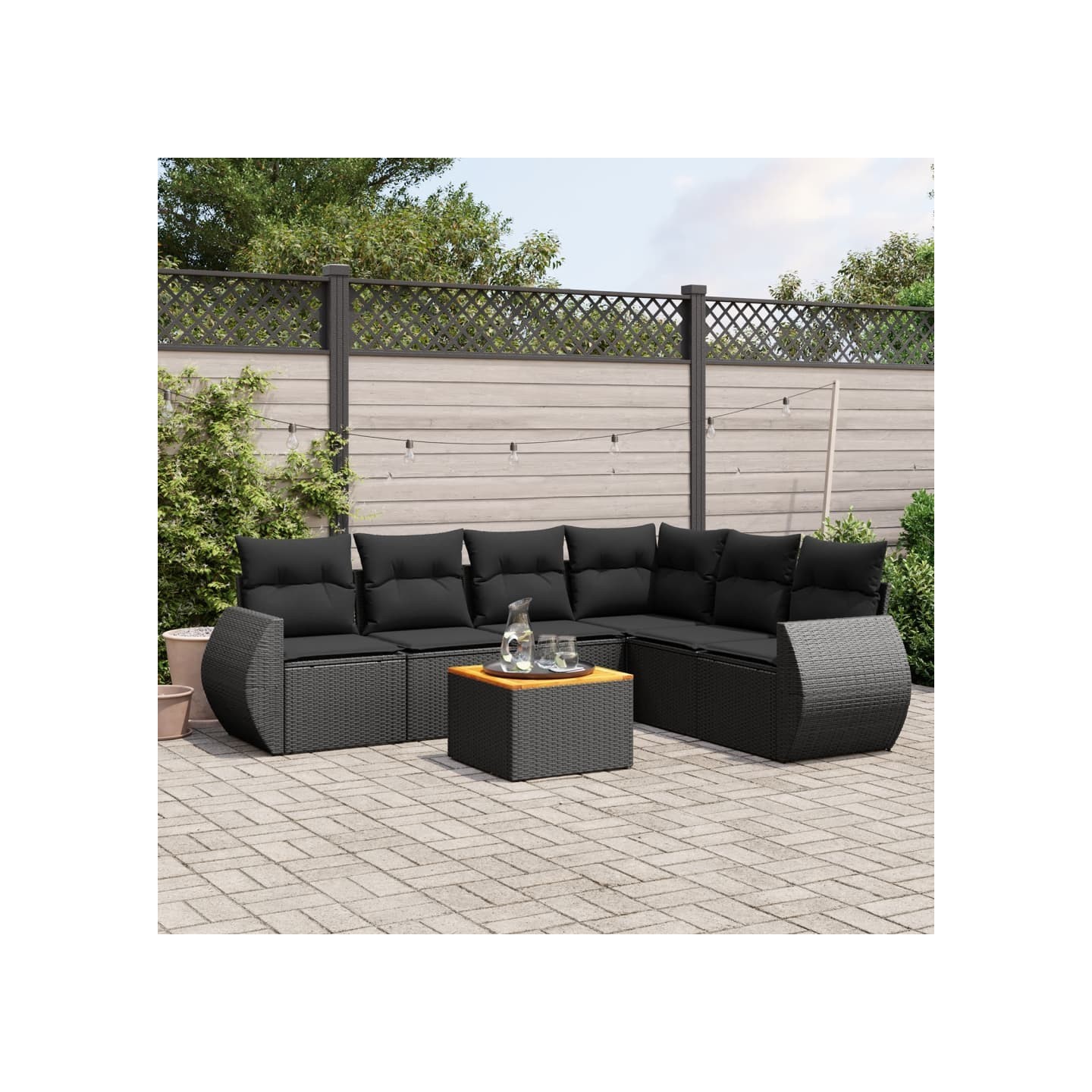 Salon de jardin 7 pcs avec coussins noir résine tressée