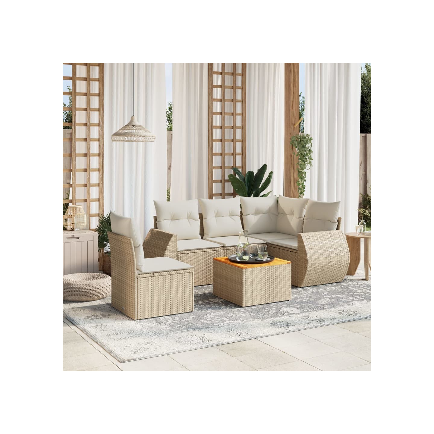 Salon de jardin avec coussins 6 pcs beige résine tressée