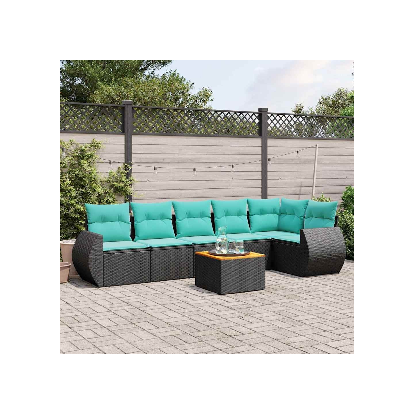Ensemble de canapé de jardin 7 pcs avec coussins noir résine tressée