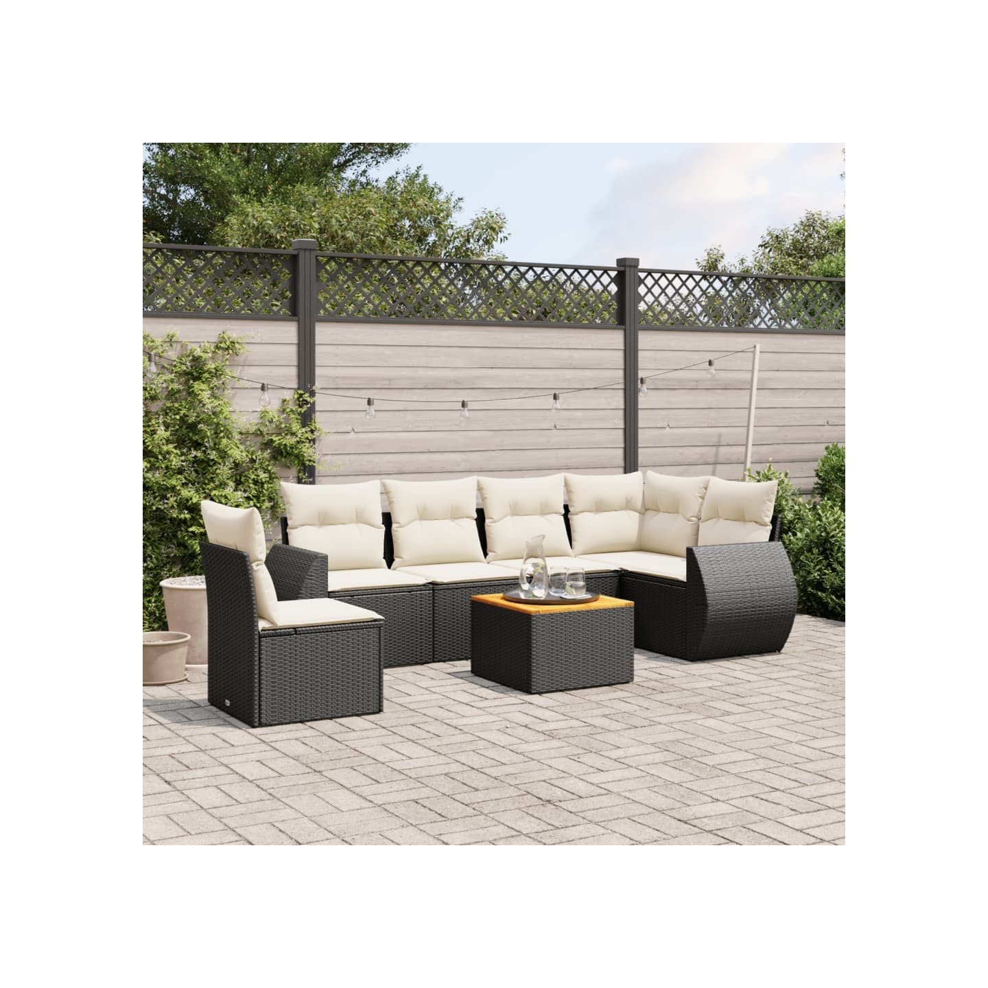 Salon de jardin 7 pcs avec coussins noir résine tressée