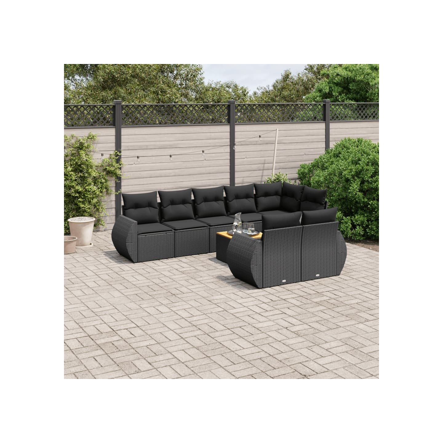 Salon de jardin 9 pcs avec coussins noir résine tressée