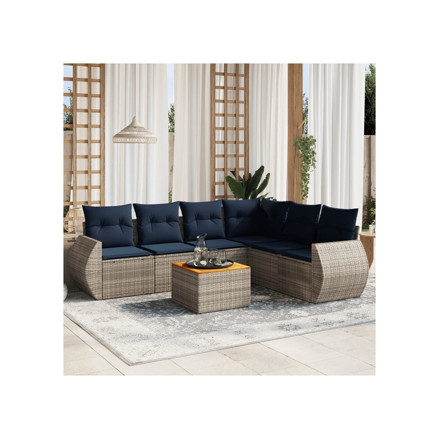 Ensemble de canapé de jardin 7 pcs avec coussins gris résine tressée