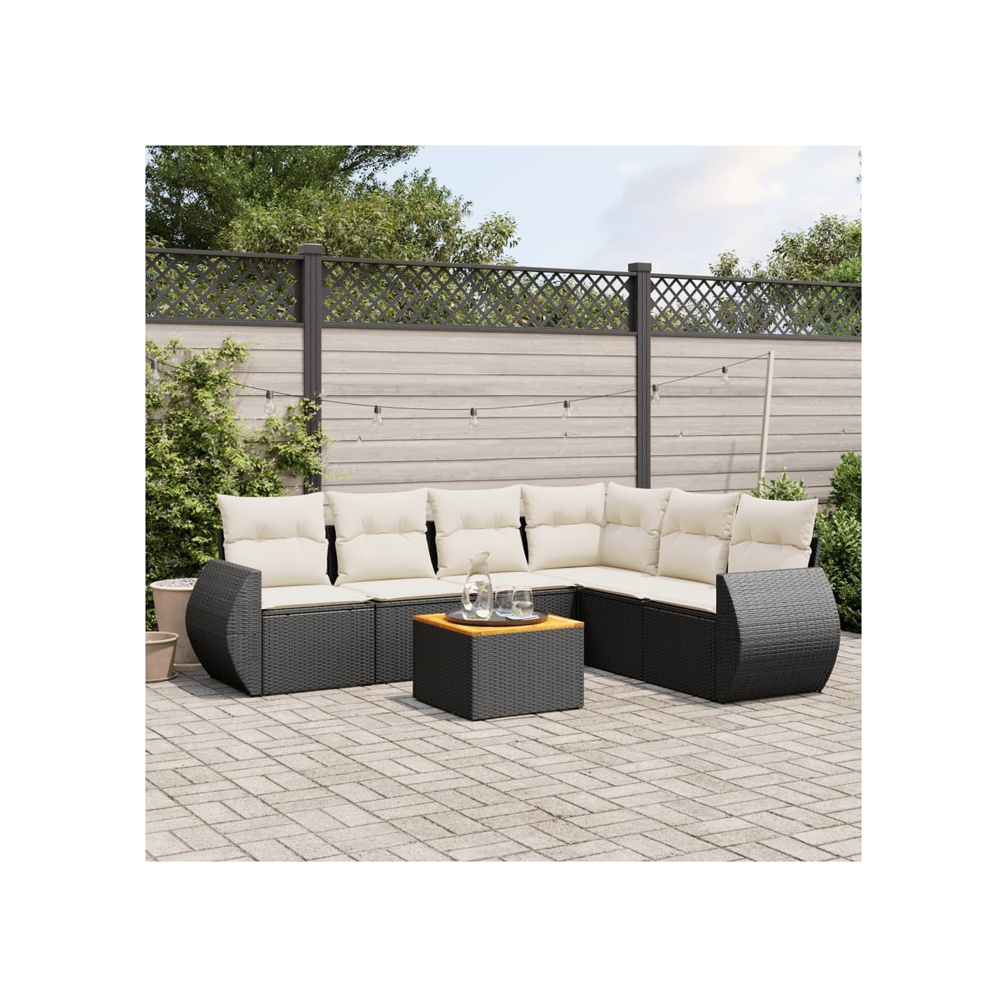 Salon de jardin 7 pcs avec coussins noir résine tressée