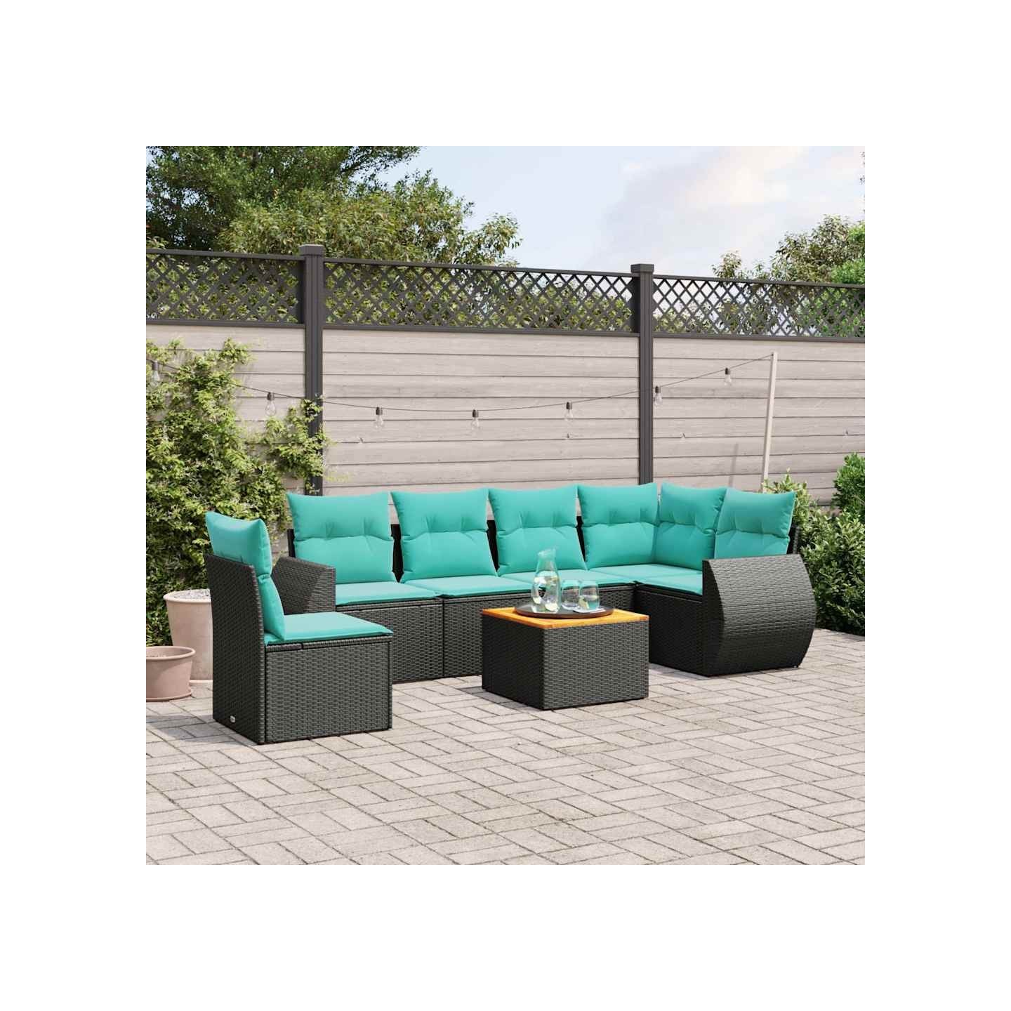 Ensemble de canapé de jardin 7 pcs avec coussins noir résine tressée