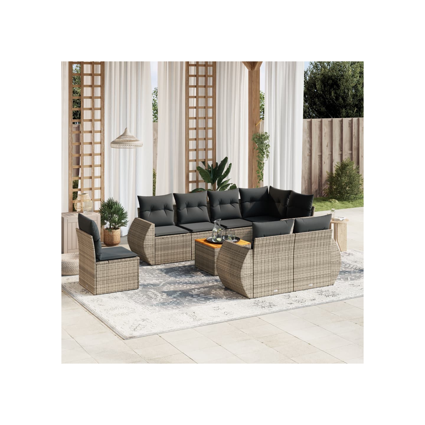 Salon de jardin 9 pcs avec coussins gris résine tressée