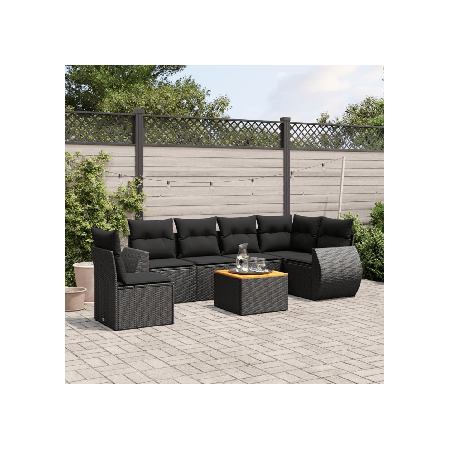 Salon de jardin 7 pcs avec coussins noir résine tressée