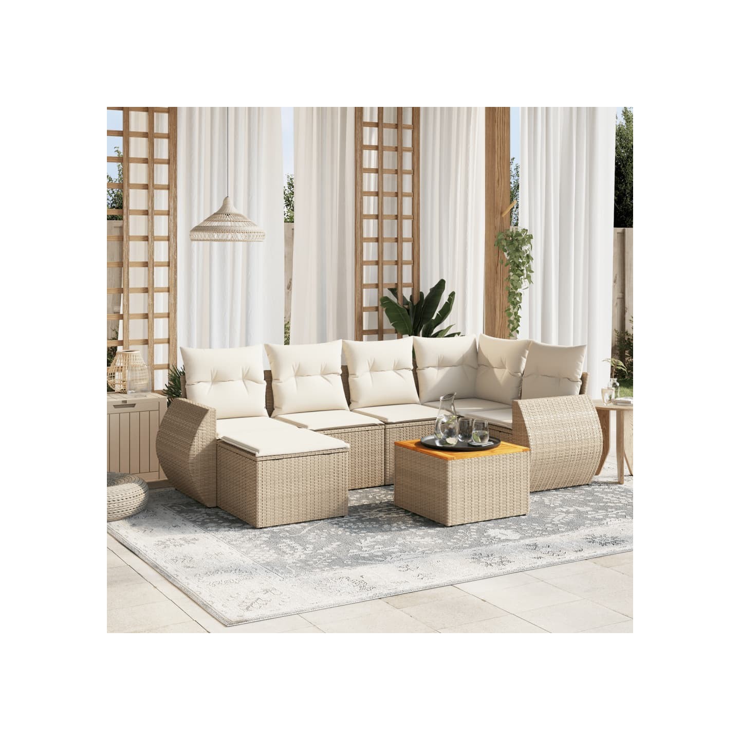Salon de jardin avec coussins 7 pcs beige résine tressée