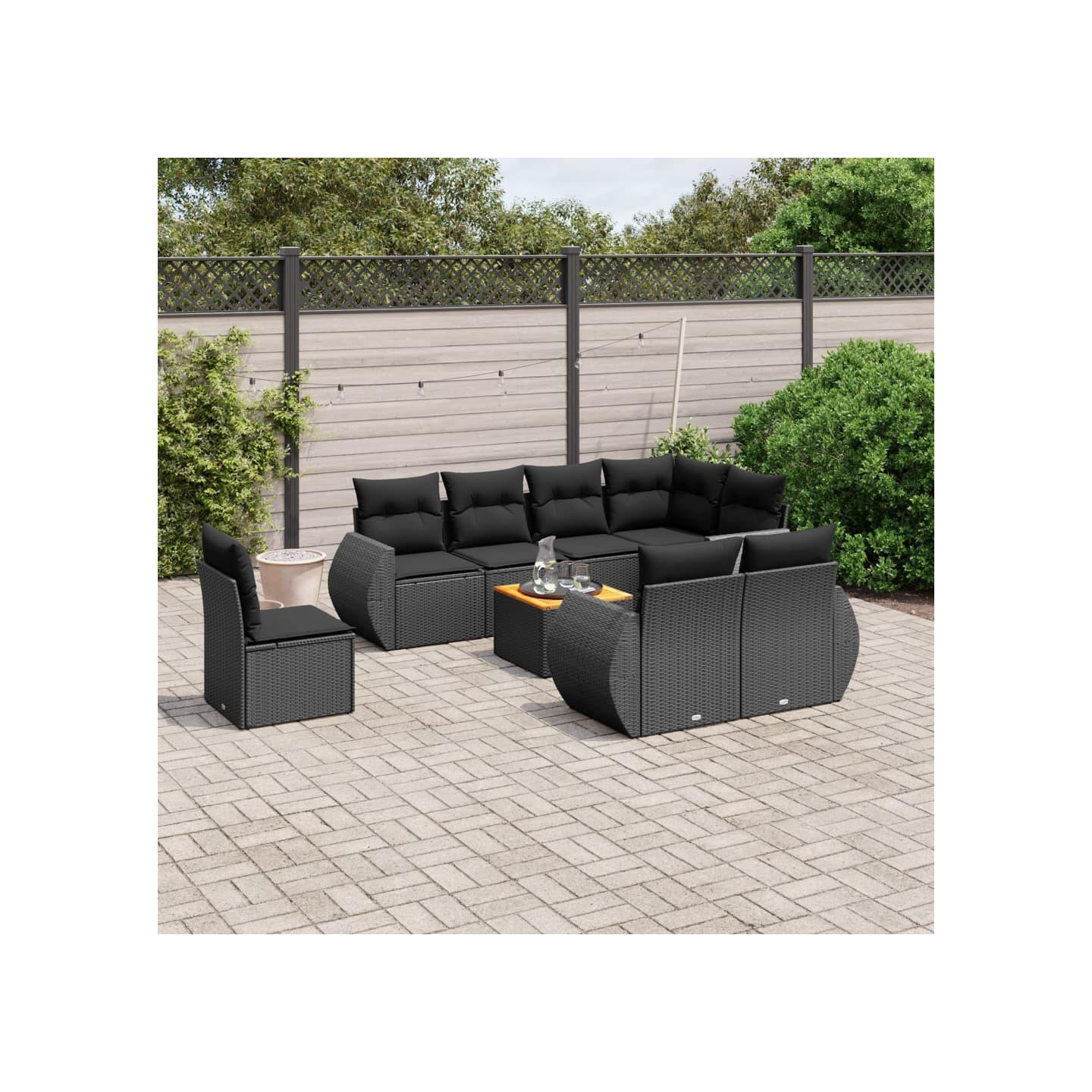 Salon de jardin 9 pcs avec coussins noir résine tressée