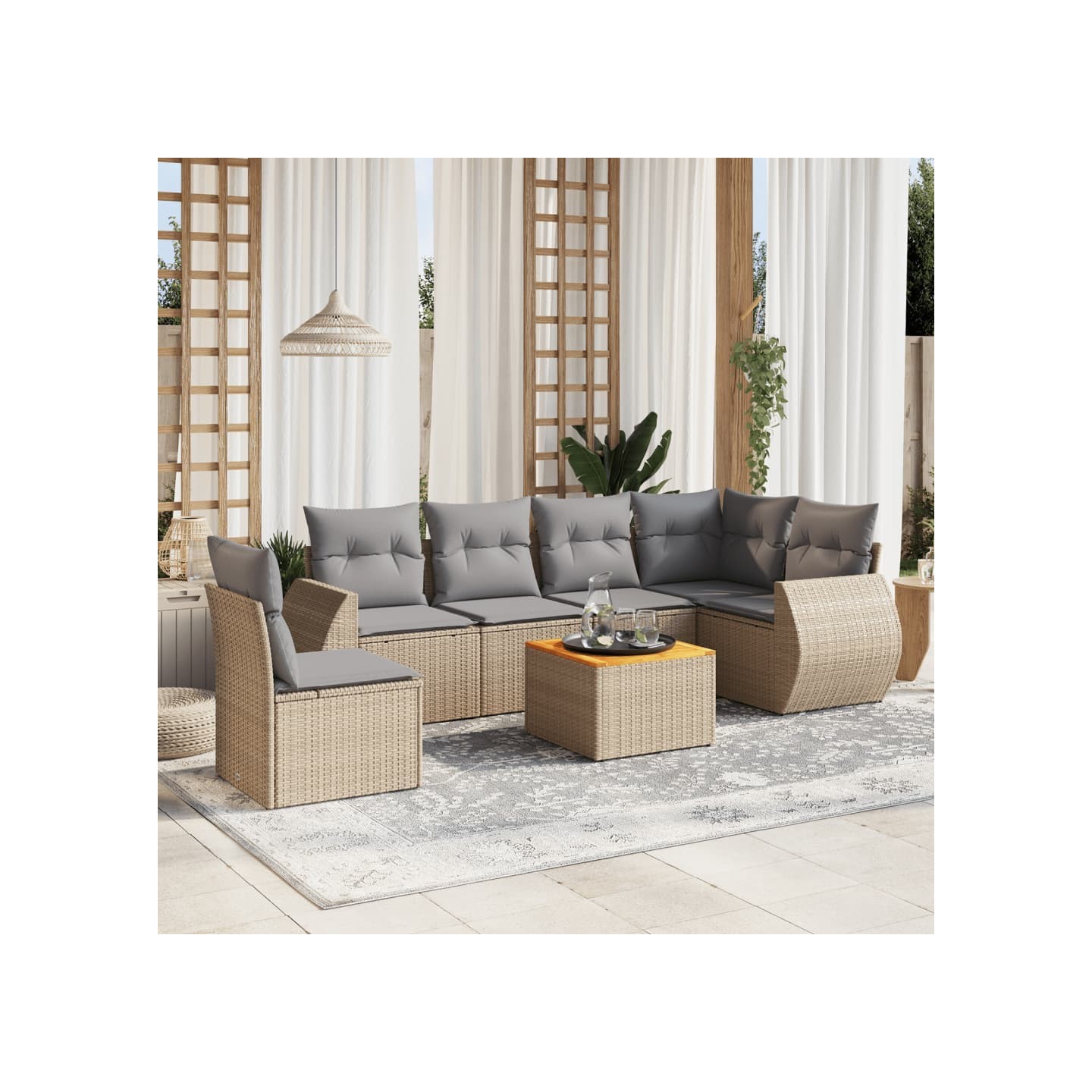 Salon de jardin avec coussins 7 pcs beige résine tressée