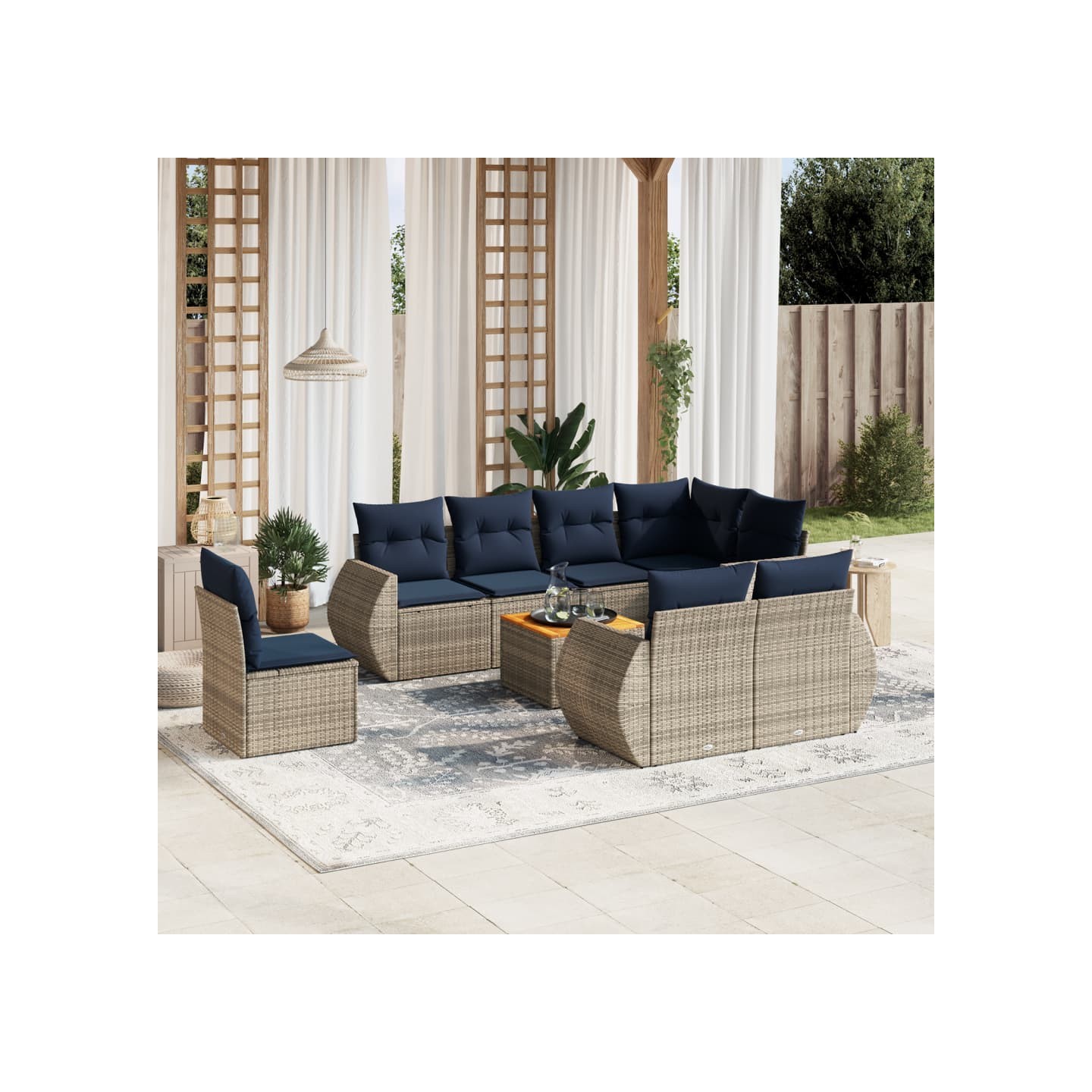 Ensemble de canapé de jardin 9 pcs avec coussins gris résine tressée