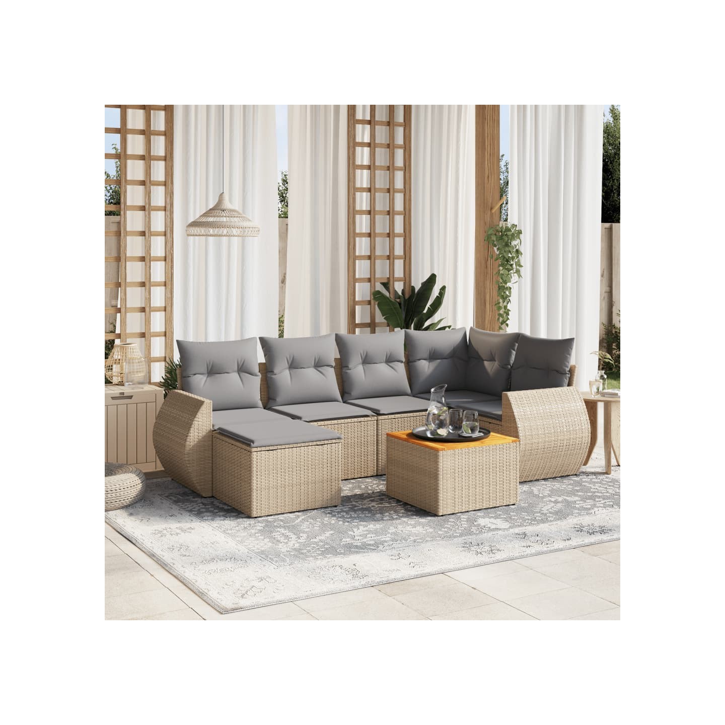 Salon de jardin avec coussins 7 pcs beige résine tressée