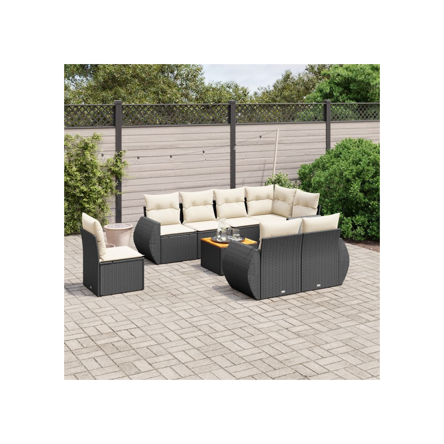 Salon de jardin 9 pcs avec coussins noir résine tressée