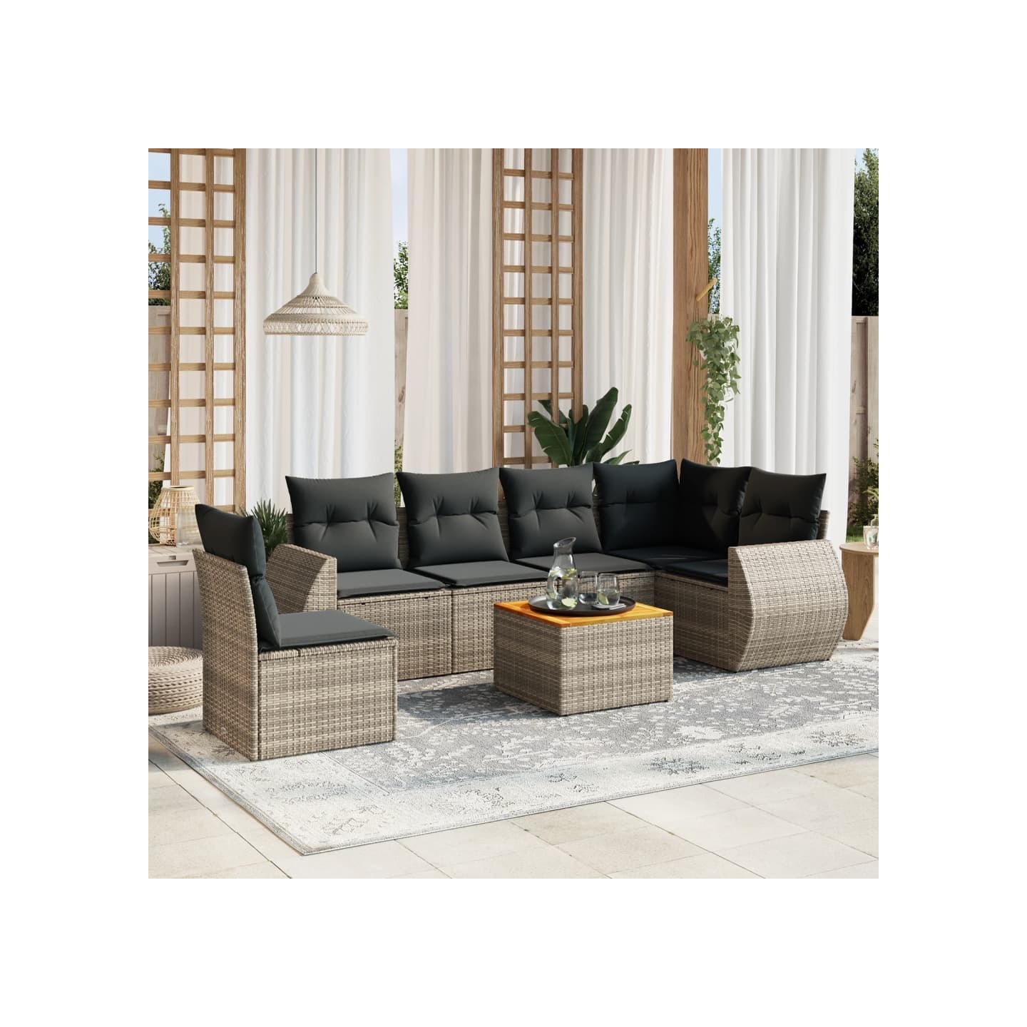 Salon de jardin avec coussins 7 pcs gris résine tressée