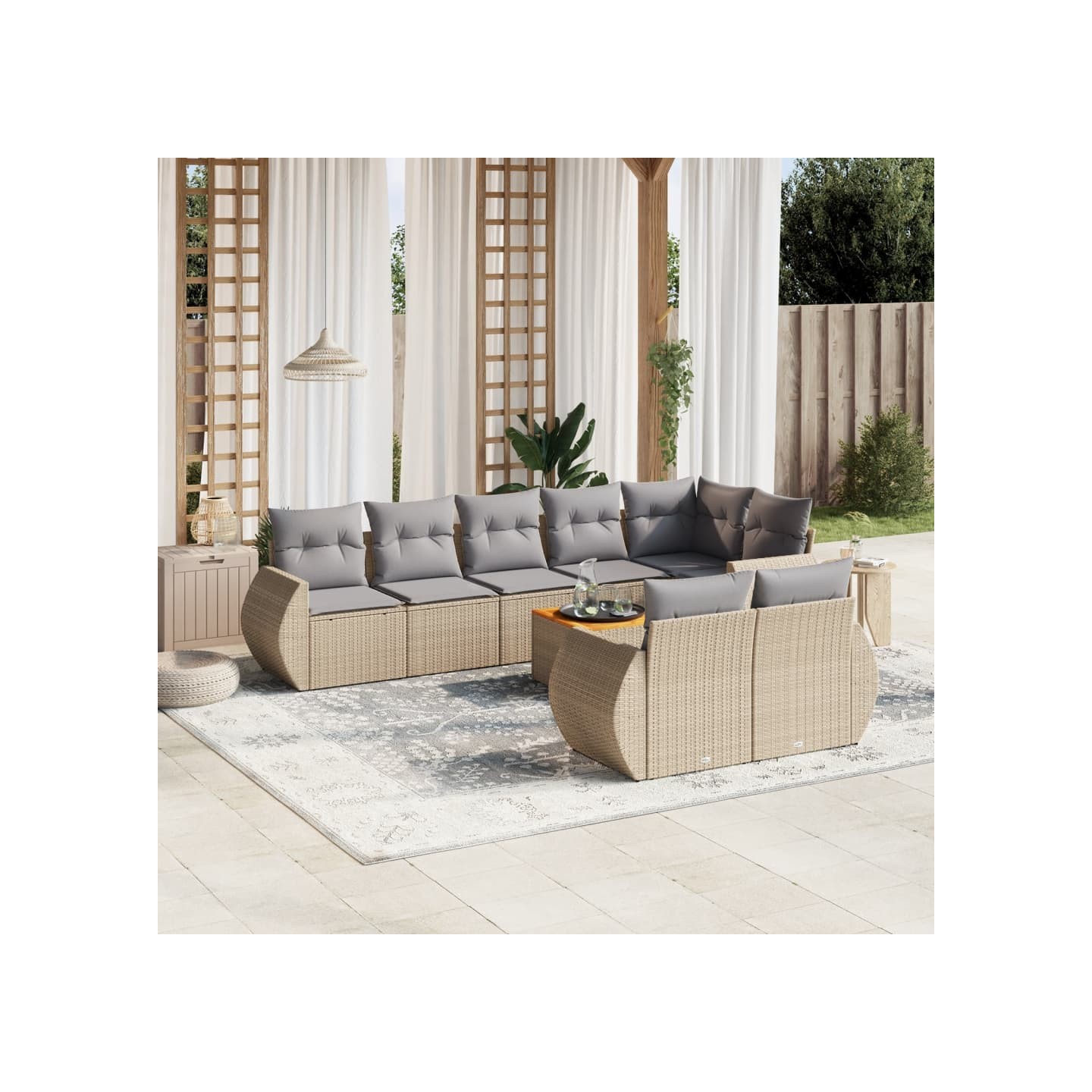 Salon de jardin avec coussins 9 pcs beige résine tressée