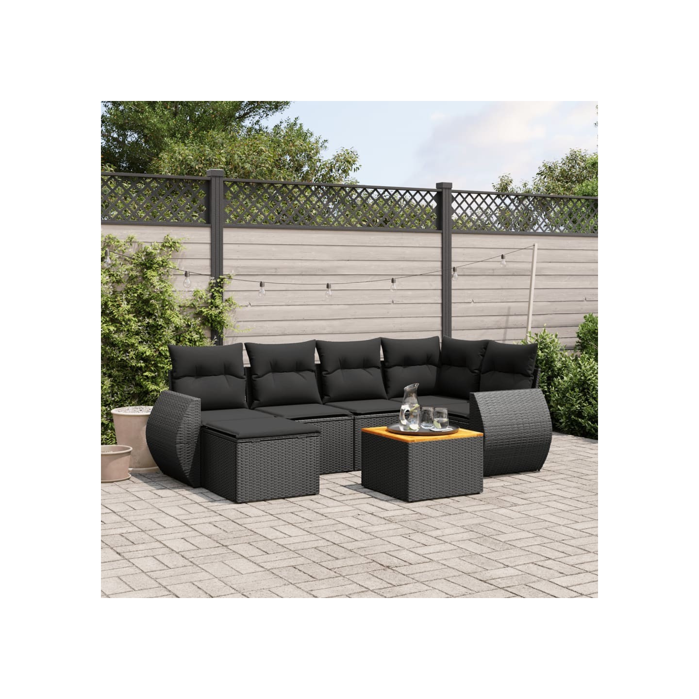 Salon de jardin 7 pcs avec coussins noir résine tressée