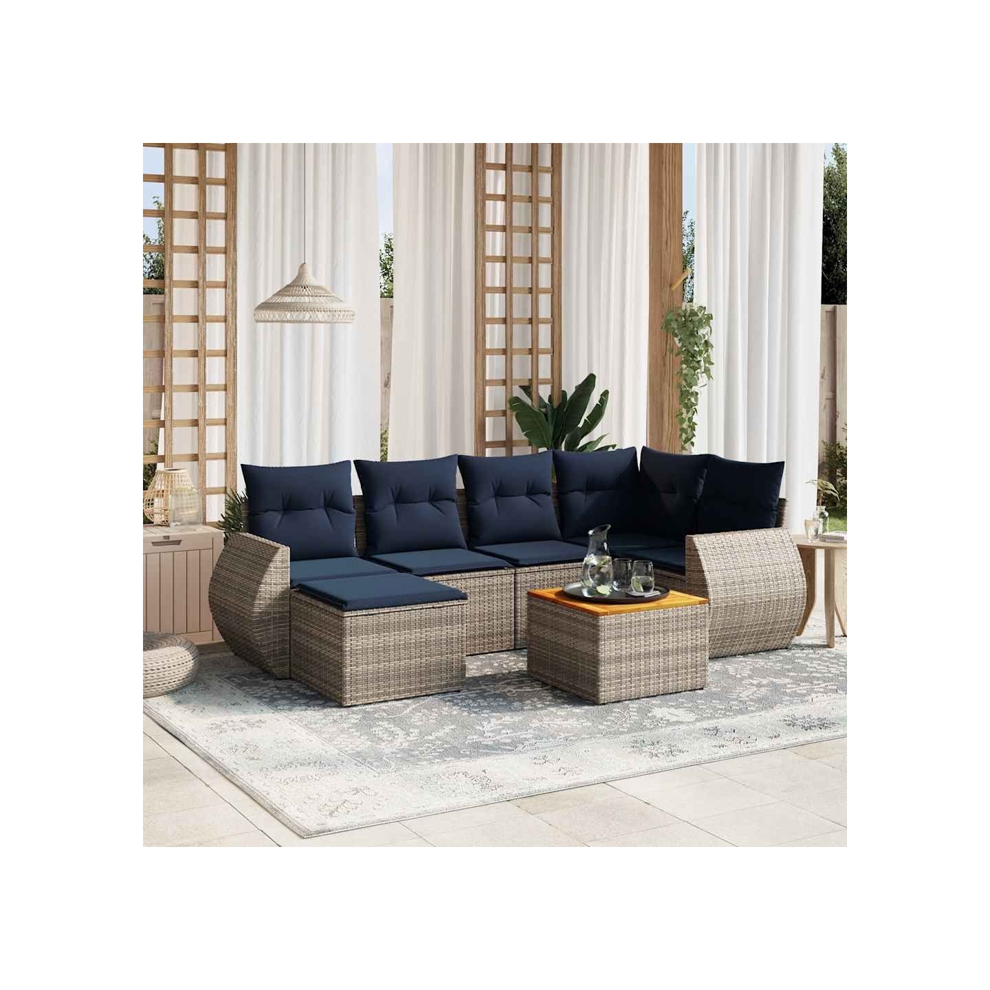 Ensemble de canapé de jardin 7 pcs avec coussins gris résine tressée