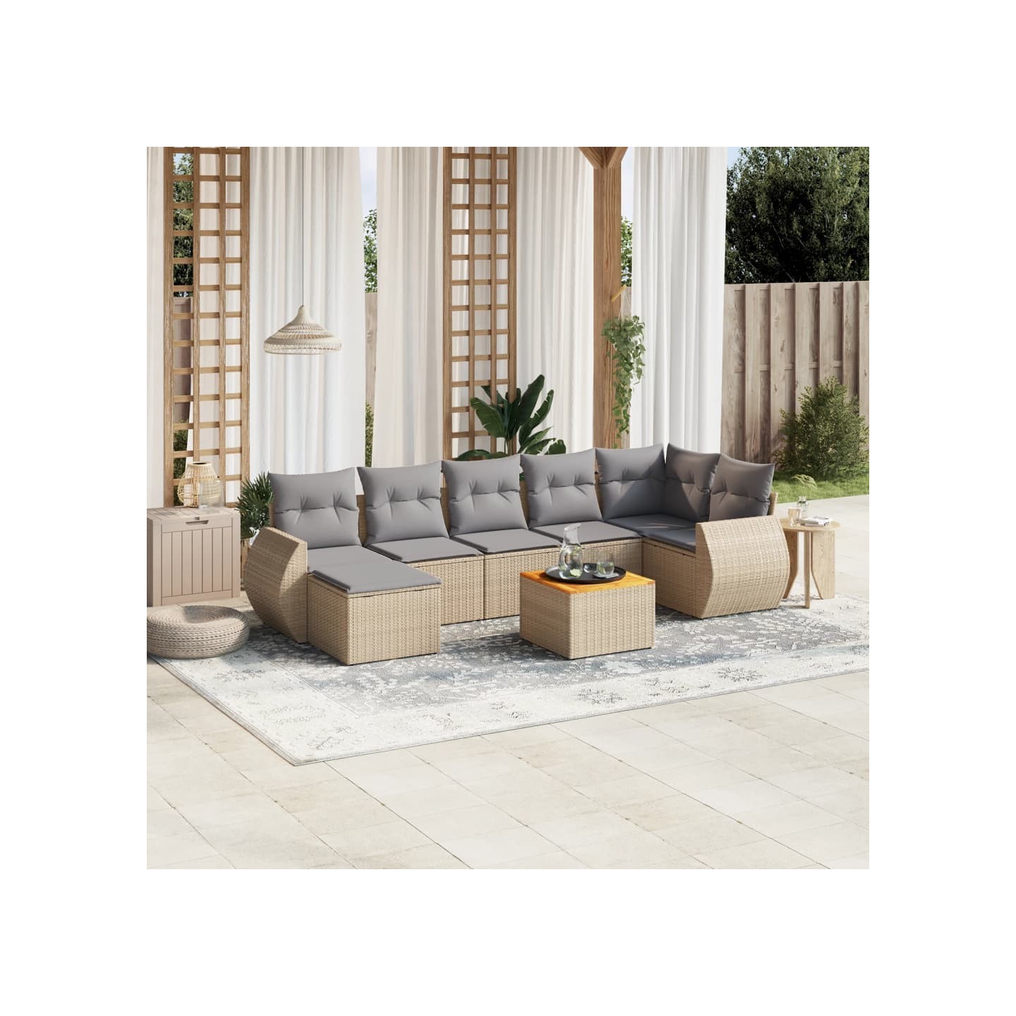 Salon de jardin avec coussins 8 pcs beige résine tressée