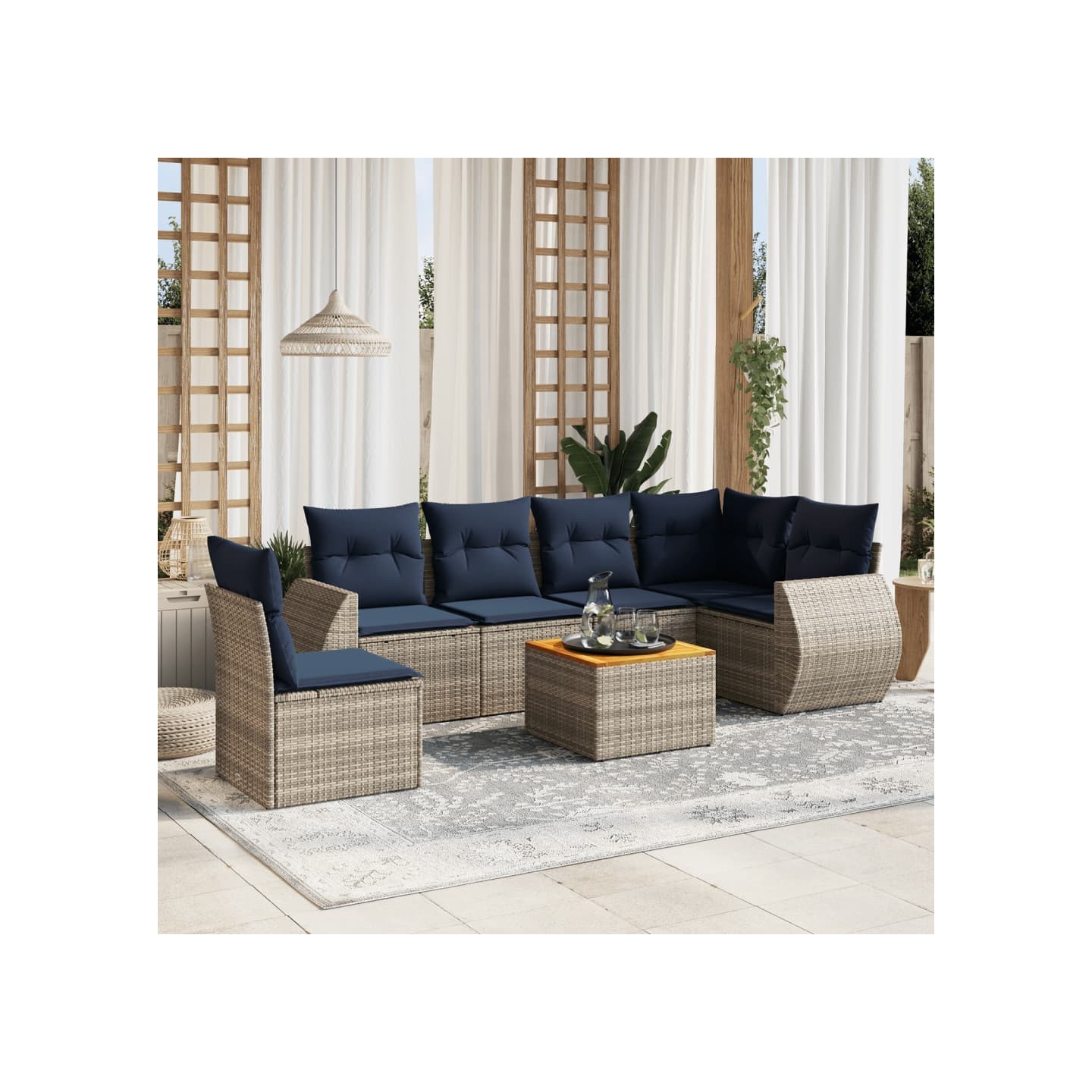 Ensemble de canapé de jardin 7 pcs avec coussins gris résine tressée