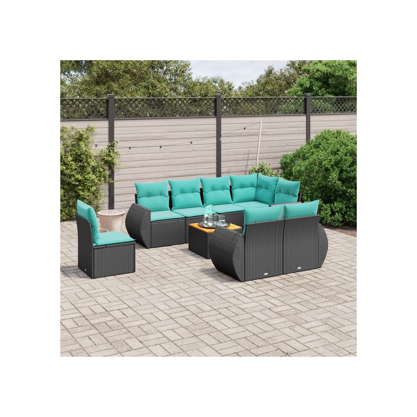 Ensemble de canapé de jardin 9 pcs avec coussins noir résine tressée